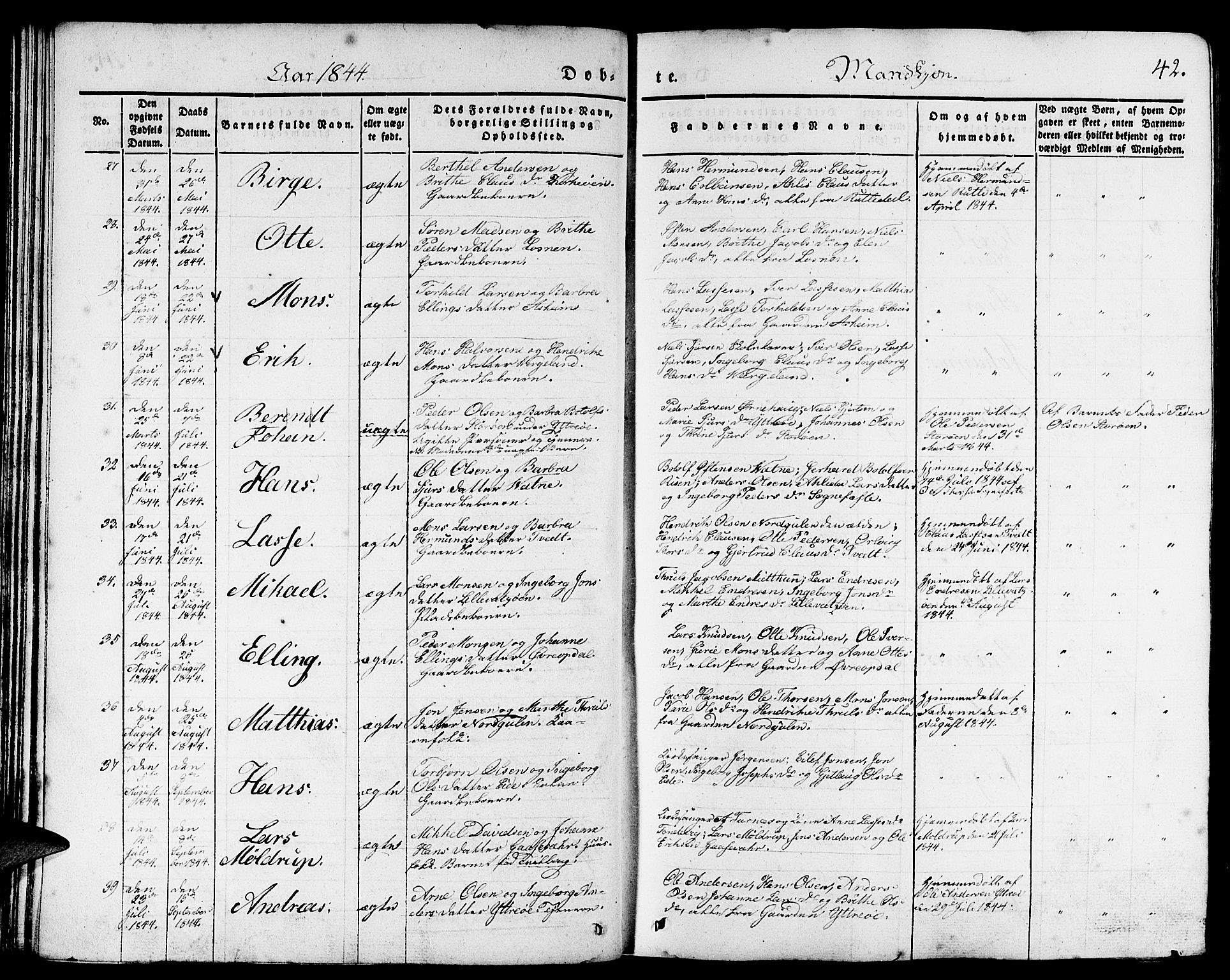Gulen sokneprestembete, AV/SAB-A-80201/H/Haa/Haaa/L0020: Parish register (official) no. A 20, 1837-1847, p. 42