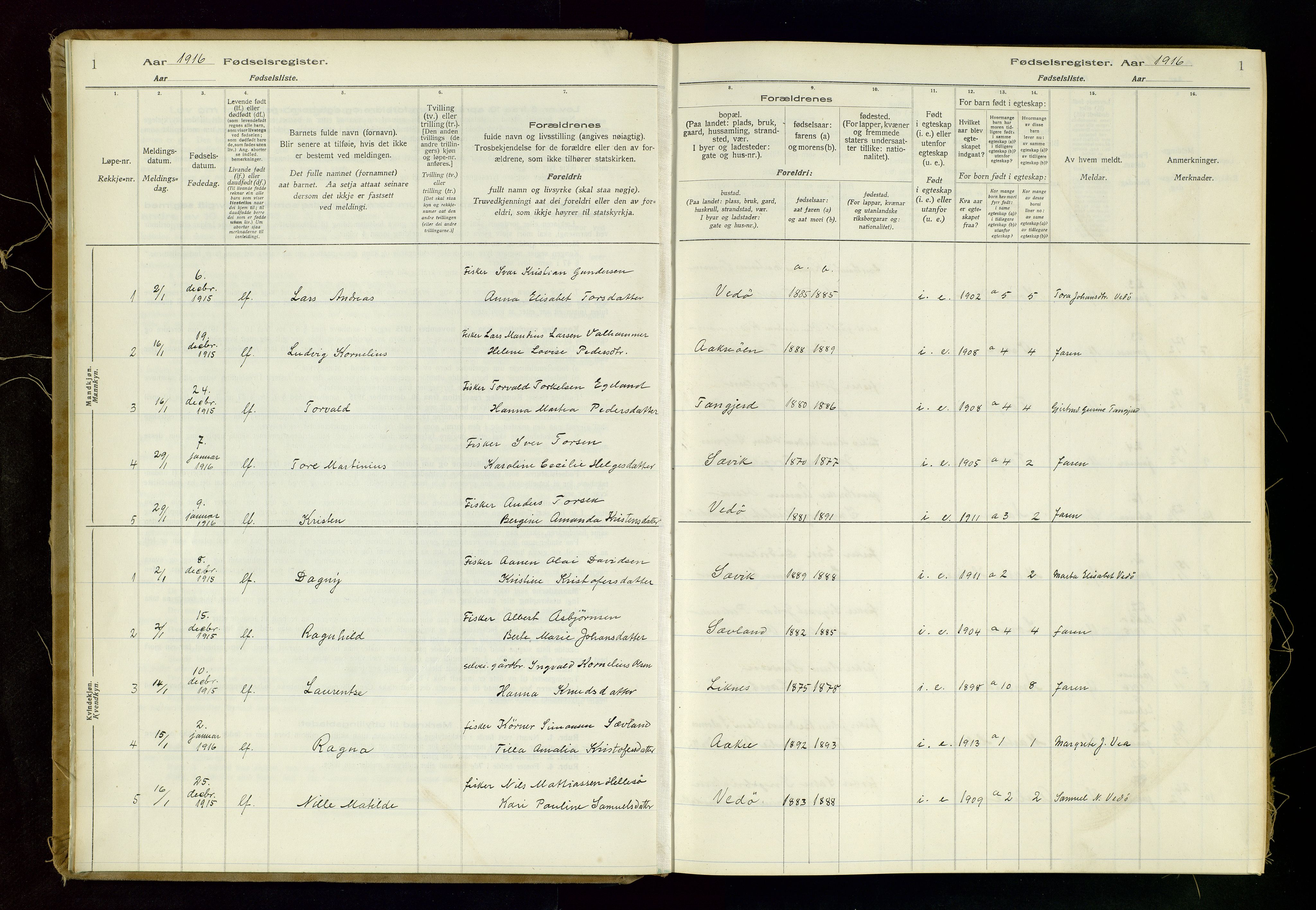 Kopervik sokneprestkontor, SAST/A-101850/I/Id/L0006: Birth register no. 6, 1916-1934, p. 1
