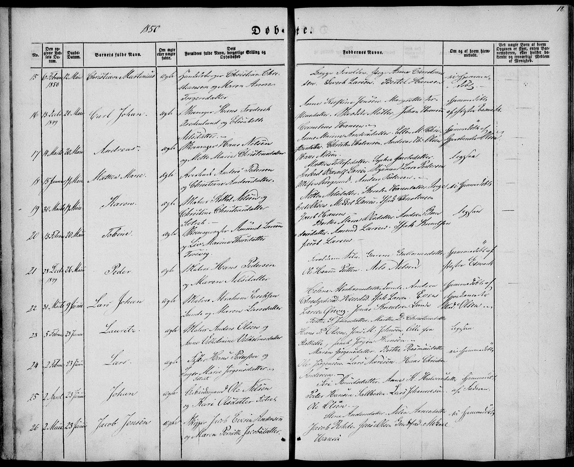 Brevik kirkebøker, SAKO/A-255/F/Fa/L0005: Parish register (official) no. 5, 1847-1865, p. 18