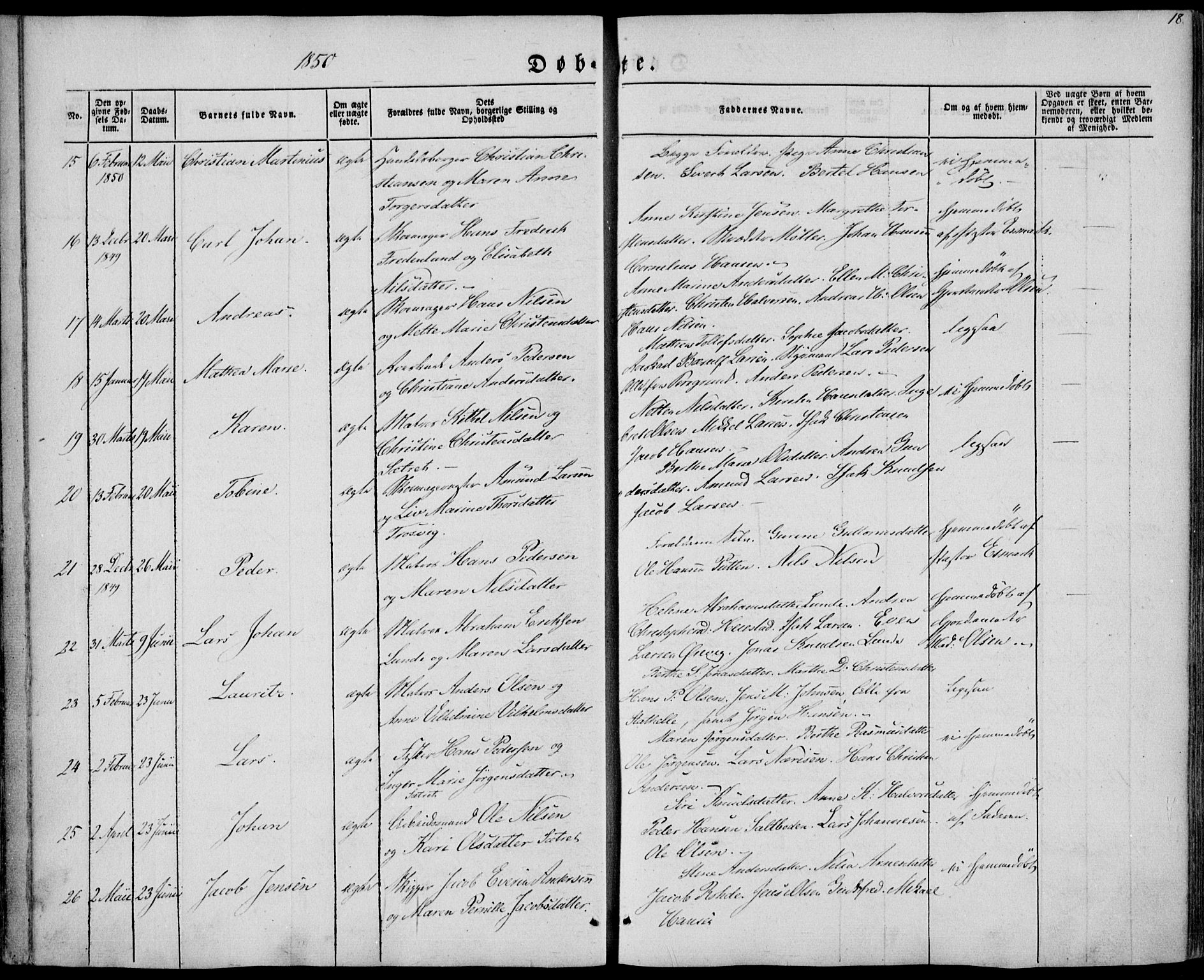 Brevik kirkebøker, AV/SAKO-A-255/F/Fa/L0005: Parish register (official) no. 5, 1847-1865, p. 18