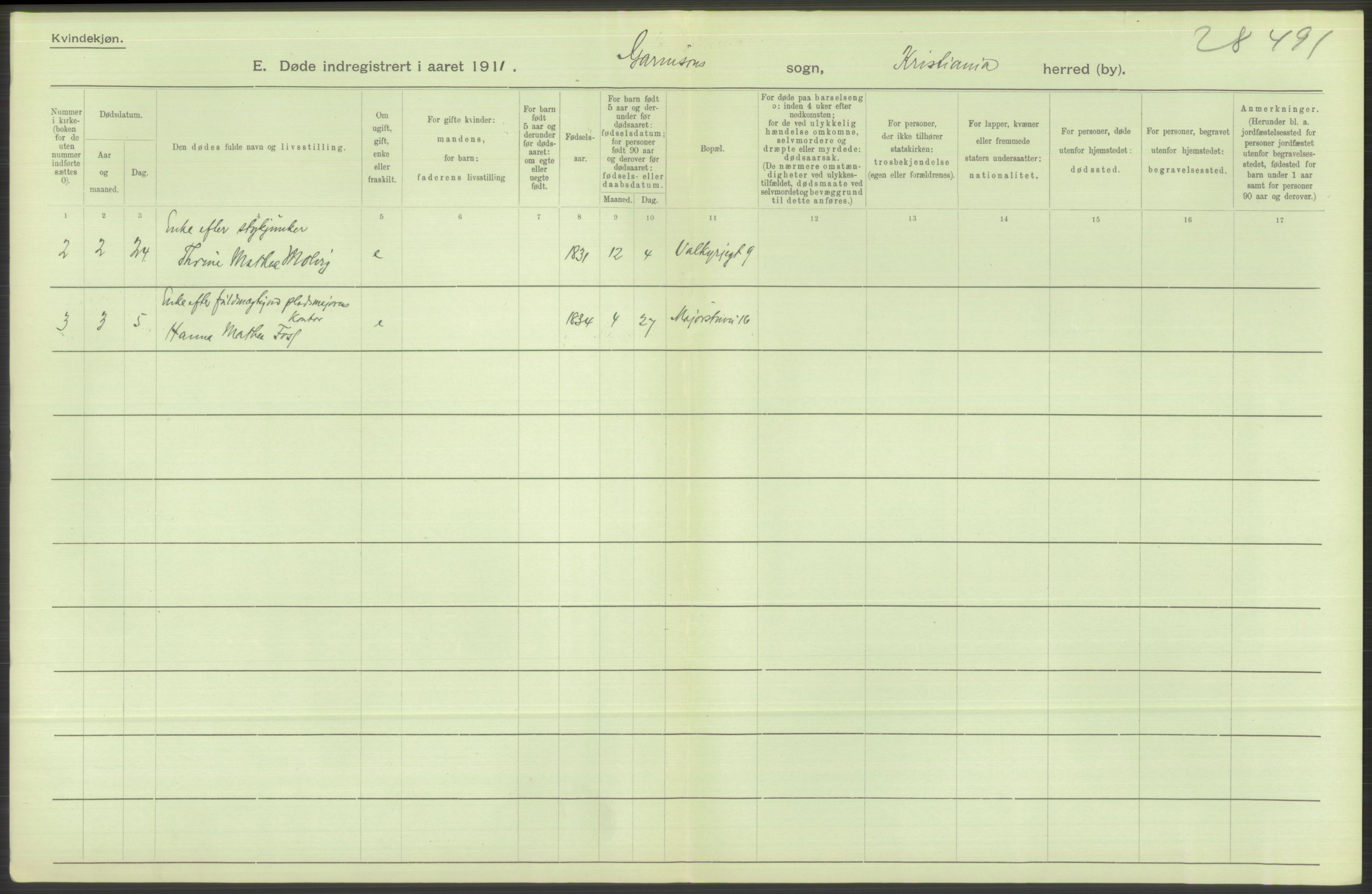 Statistisk sentralbyrå, Sosiodemografiske emner, Befolkning, AV/RA-S-2228/D/Df/Dfb/Dfba/L0010: Kristiania: Døde kvinner samt dødfødte., 1911, p. 458