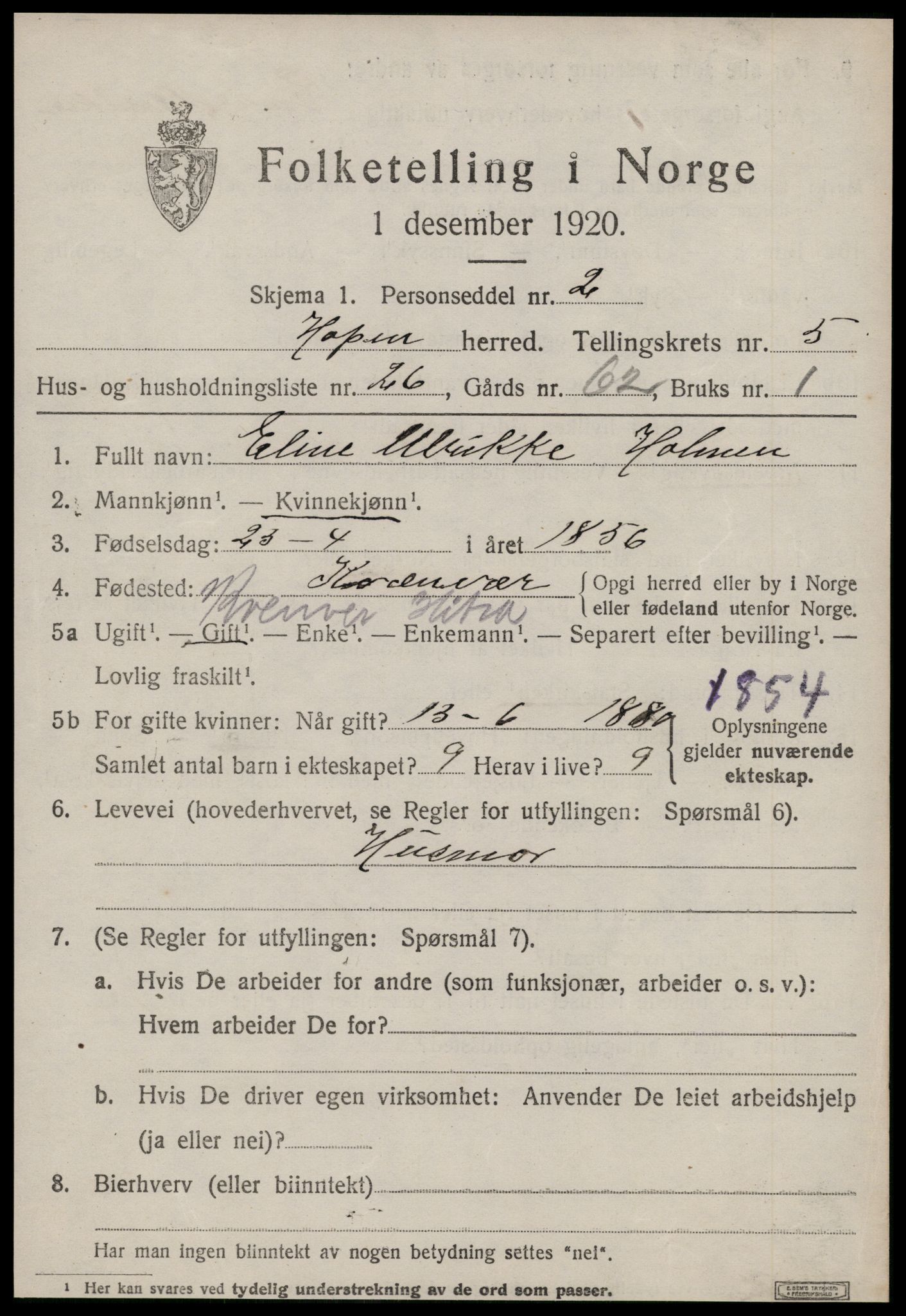 SAT, 1920 census for Hopen, 1920, p. 2626