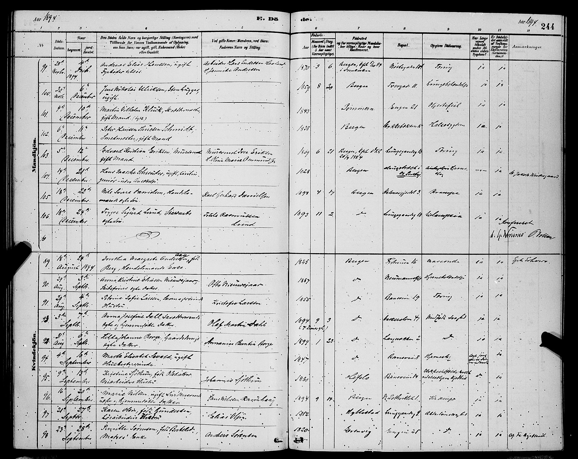 Domkirken sokneprestembete, AV/SAB-A-74801/H/Hab/L0041: Parish register (copy) no. E 5, 1878-1900, p. 244