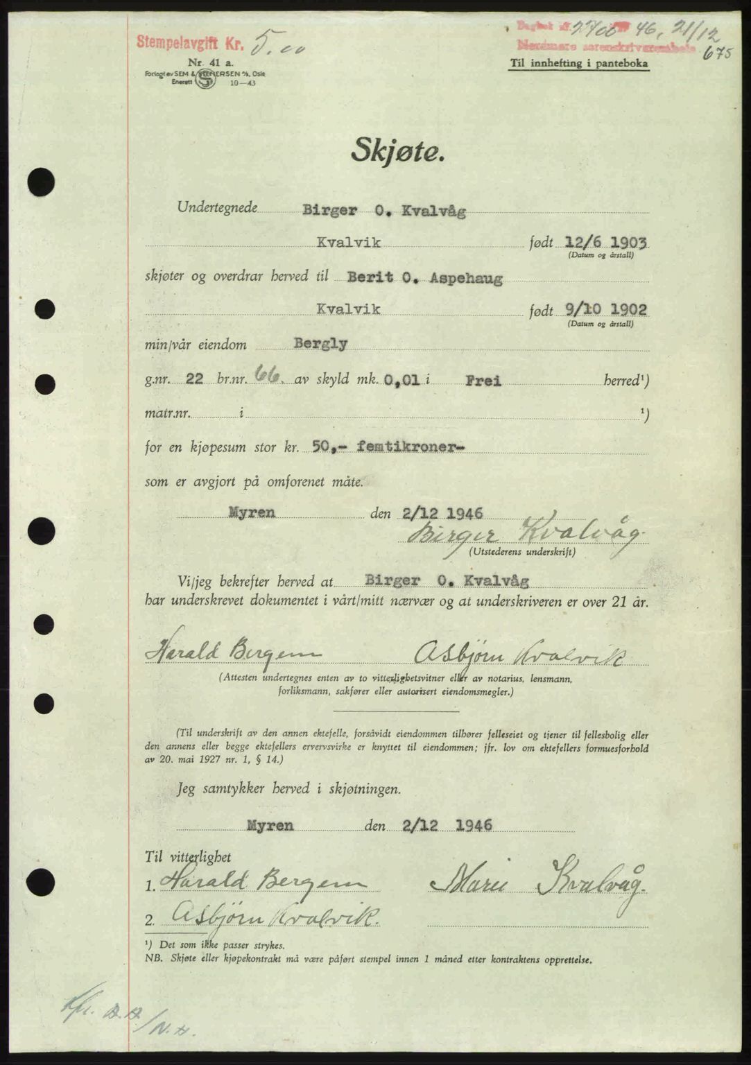 Nordmøre sorenskriveri, AV/SAT-A-4132/1/2/2Ca: Mortgage book no. A103, 1946-1947, Diary no: : 2700/1946