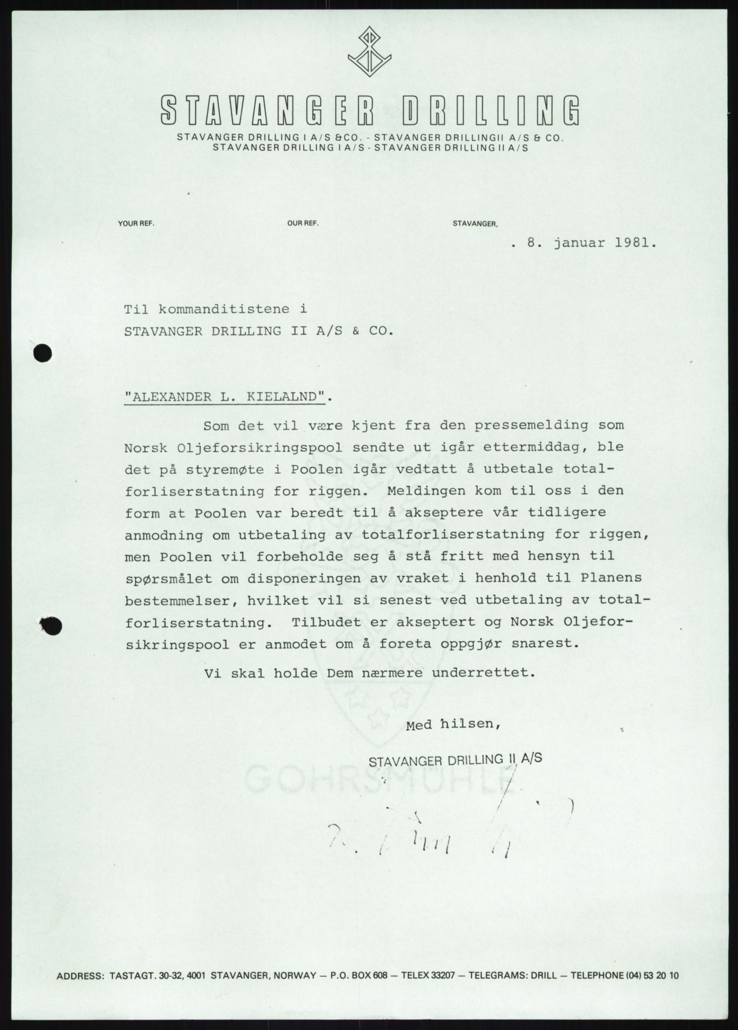 Pa 1503 - Stavanger Drilling AS, SAST/A-101906/A/Ab/Abc/L0009: Styrekorrespondanse Stavanger Drilling II A/S, 1981-1983, p. 431