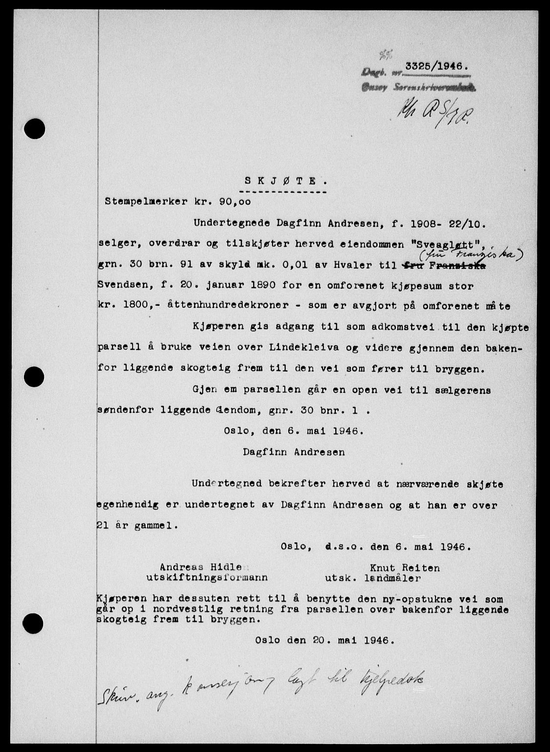 Onsøy sorenskriveri, SAO/A-10474/G/Ga/Gab/L0018: Mortgage book no. II A-18, 1946-1947, Diary no: : 3325/1946