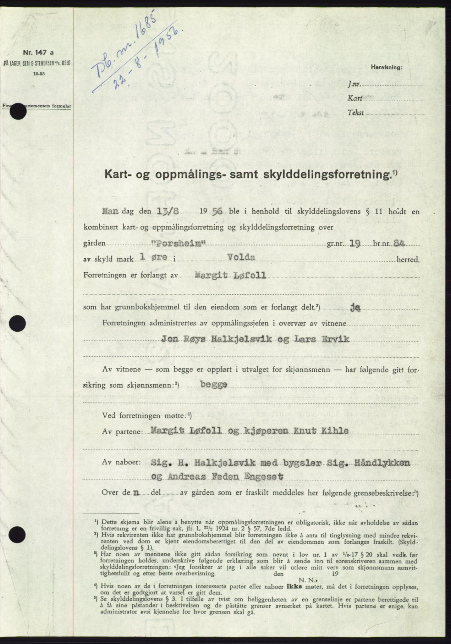 Søre Sunnmøre sorenskriveri, AV/SAT-A-4122/1/2/2C/L0104: Mortgage book no. 30A, 1956-1956, Diary no: : 1685/1956