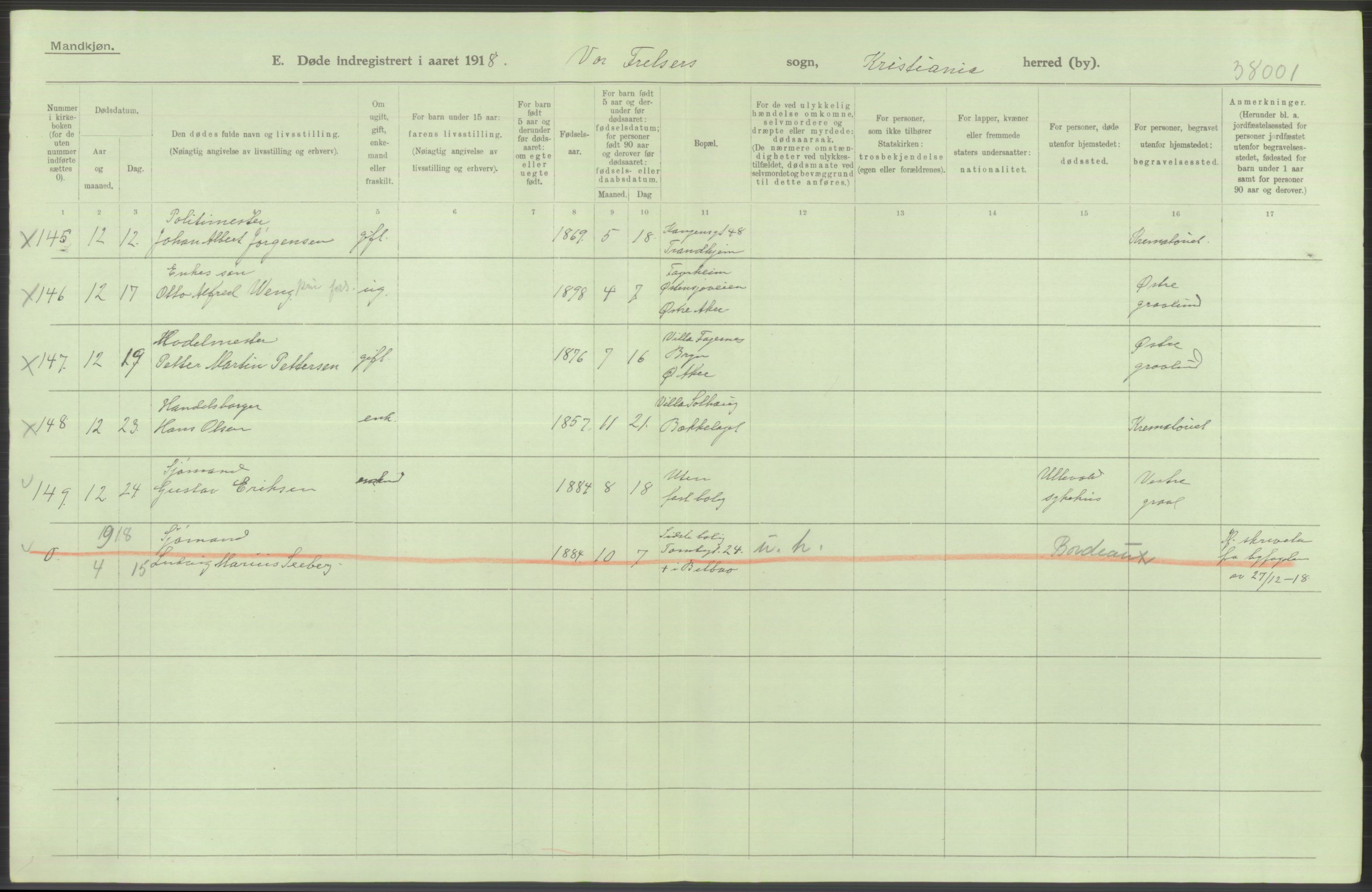 Statistisk sentralbyrå, Sosiodemografiske emner, Befolkning, RA/S-2228/D/Df/Dfb/Dfbh/L0011: Kristiania: Døde, dødfødte, 1918, p. 192