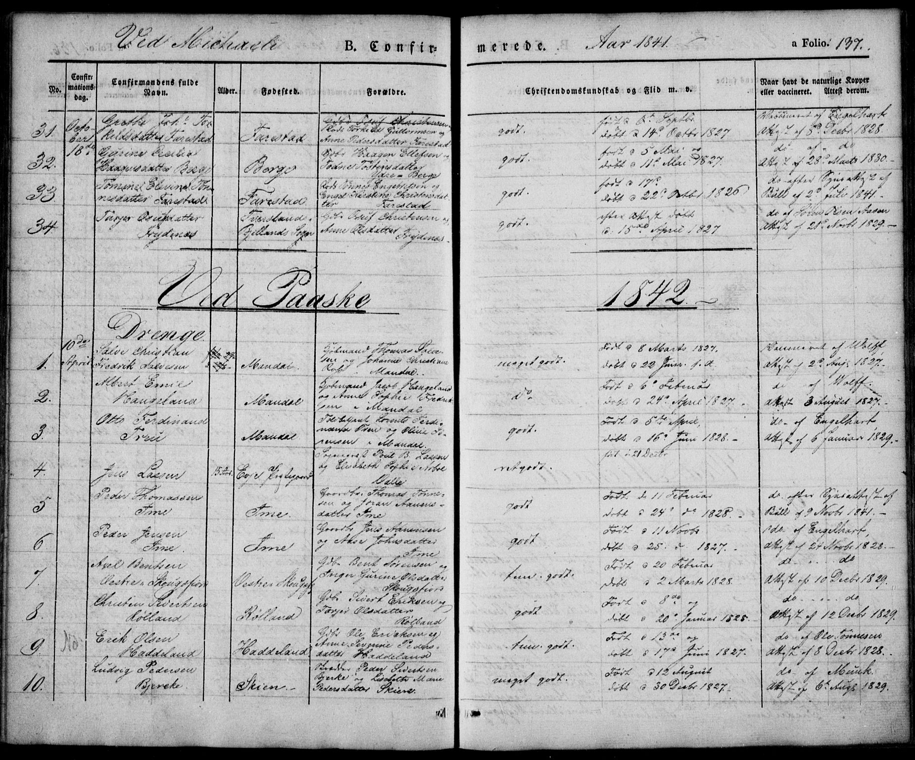 Mandal sokneprestkontor, SAK/1111-0030/F/Fa/Faa/L0012: Parish register (official) no. A 12, 1840-1847, p. 137