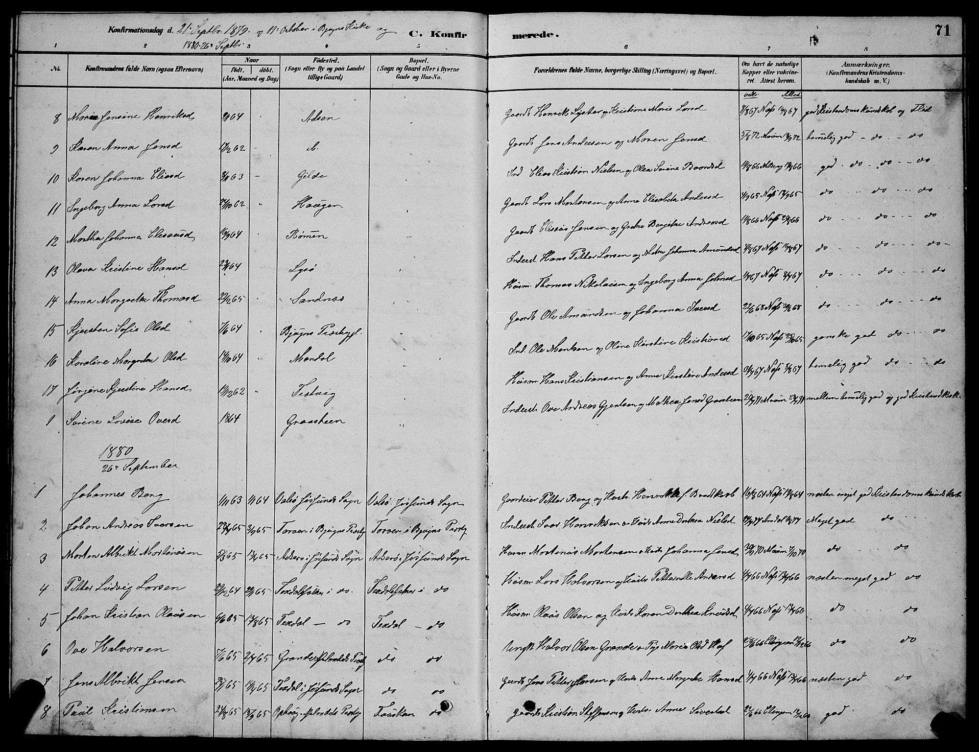 Ministerialprotokoller, klokkerbøker og fødselsregistre - Sør-Trøndelag, AV/SAT-A-1456/654/L0665: Parish register (copy) no. 654C01, 1879-1901, p. 71