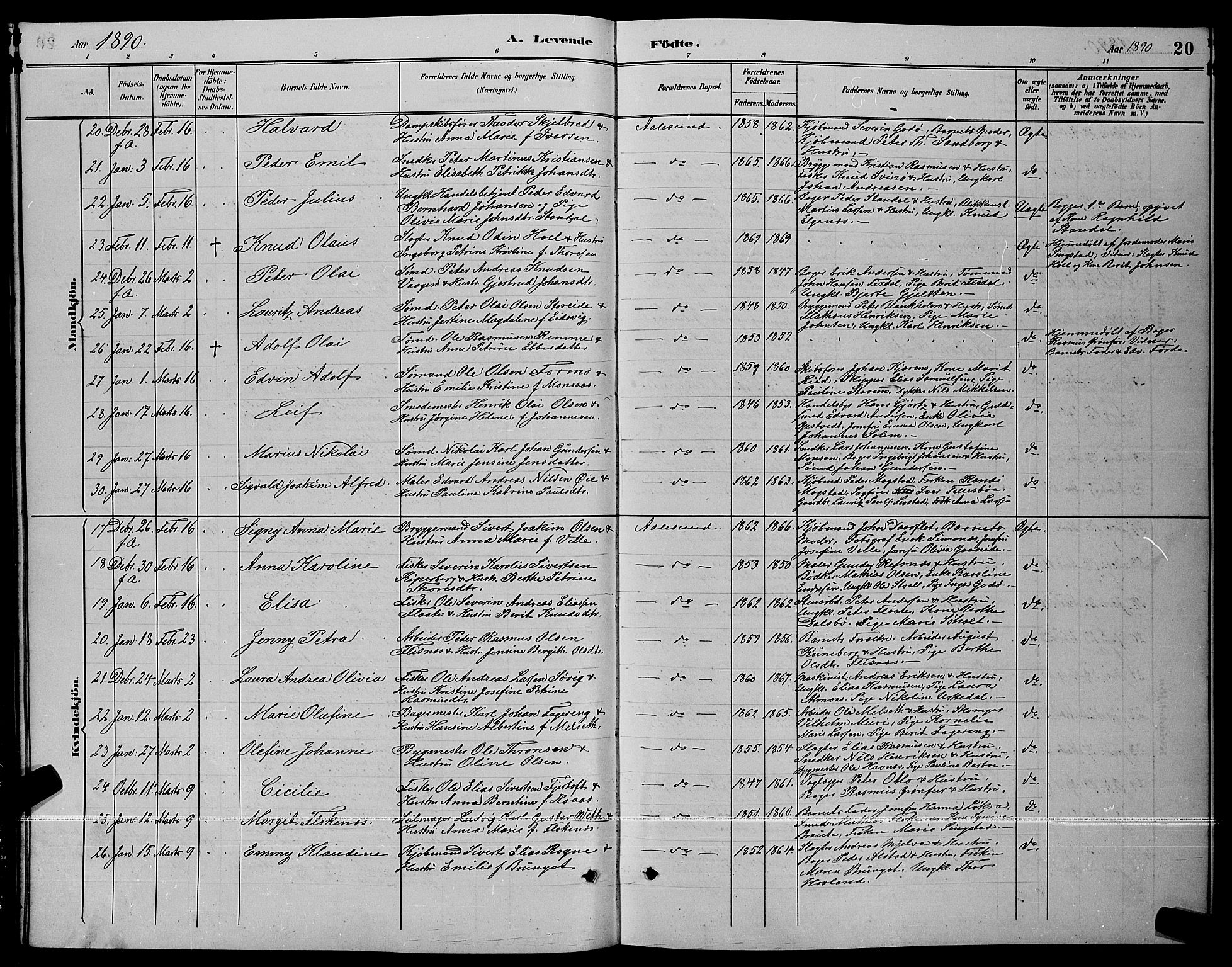 Ministerialprotokoller, klokkerbøker og fødselsregistre - Møre og Romsdal, AV/SAT-A-1454/529/L0467: Parish register (copy) no. 529C04, 1889-1897, p. 20