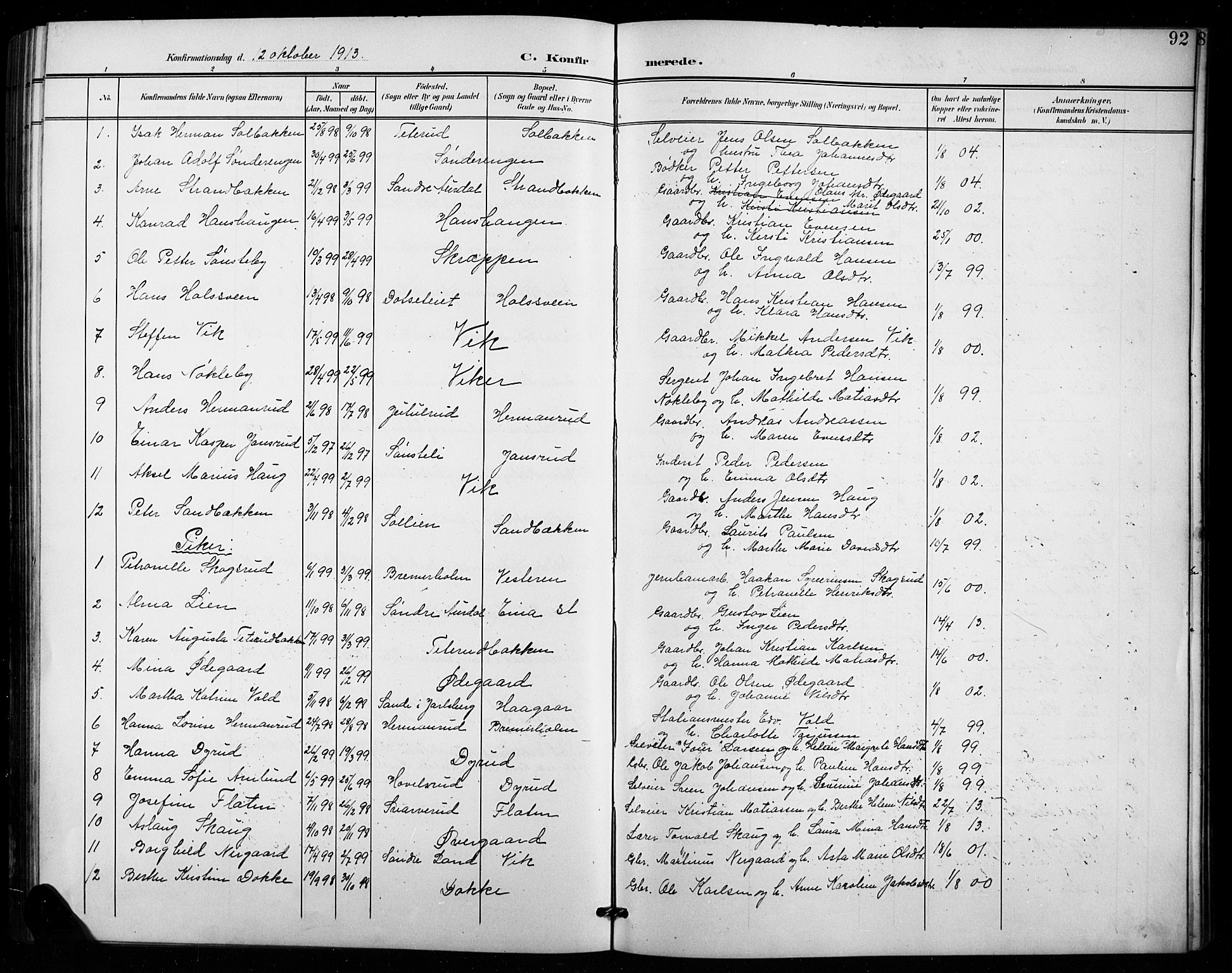 Vestre Toten prestekontor, AV/SAH-PREST-108/H/Ha/Hab/L0016: Parish register (copy) no. 16, 1901-1915, p. 92