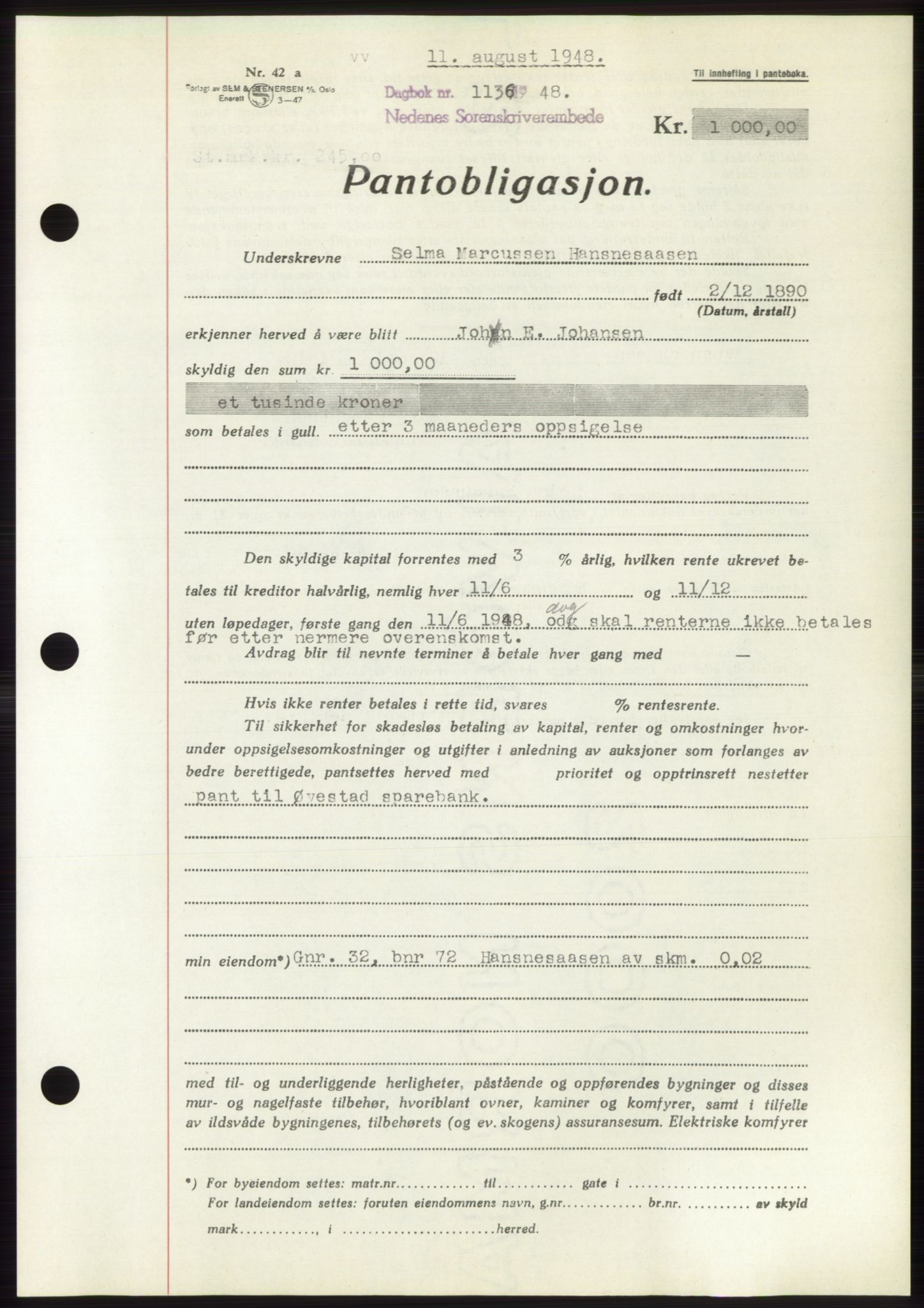 Nedenes sorenskriveri, AV/SAK-1221-0006/G/Gb/Gbb/L0005: Mortgage book no. B5, 1948-1948, Diary no: : 1136/1948