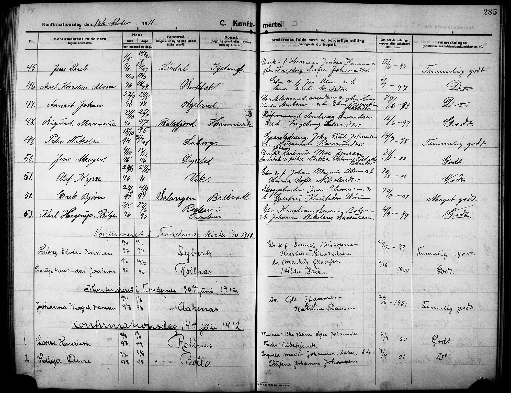 Ibestad sokneprestembete, SATØ/S-0077/H/Ha/Hab/L0009klokker: Parish register (copy) no. 9, 1902-1914, p. 285