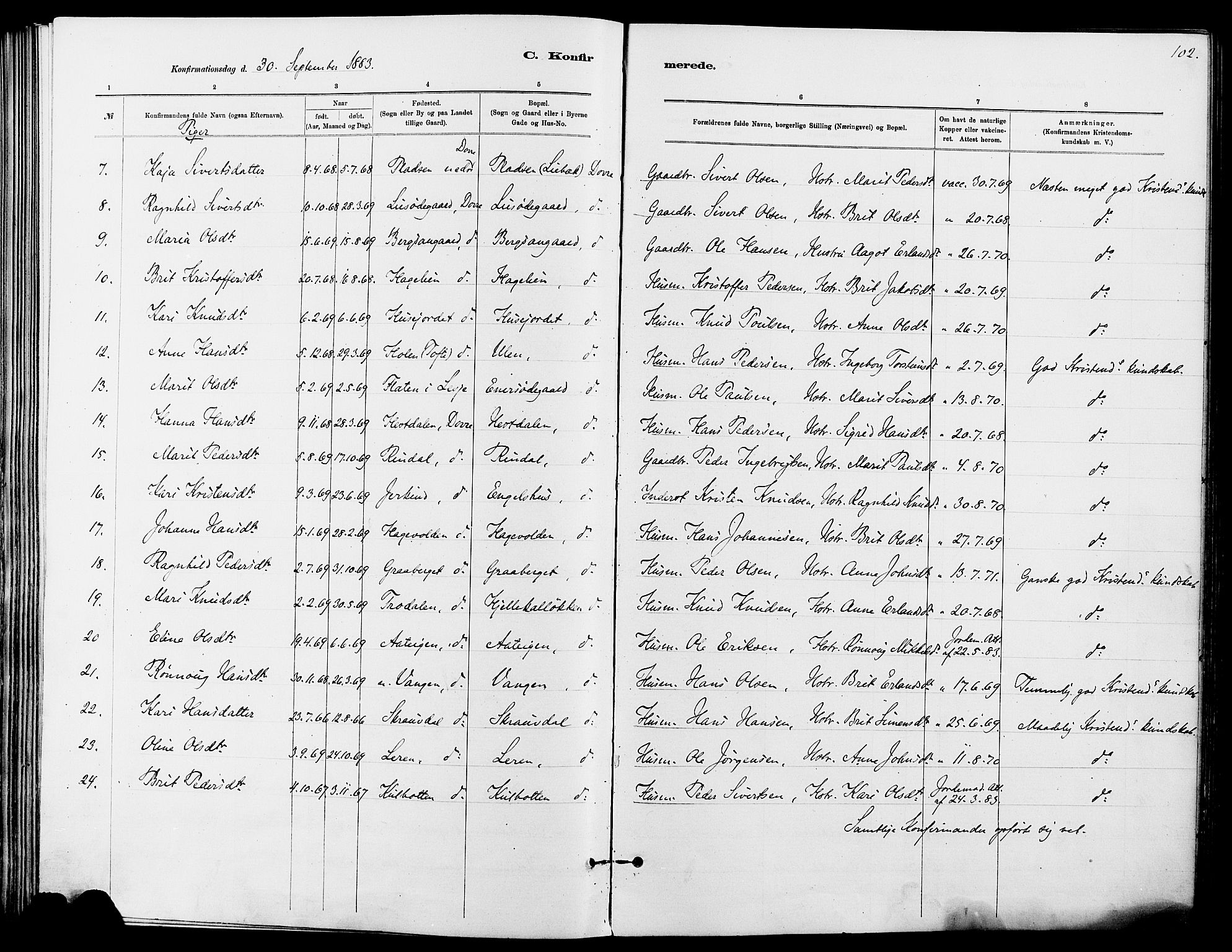 Dovre prestekontor, SAH/PREST-066/H/Ha/Haa/L0002: Parish register (official) no. 2, 1879-1890, p. 102