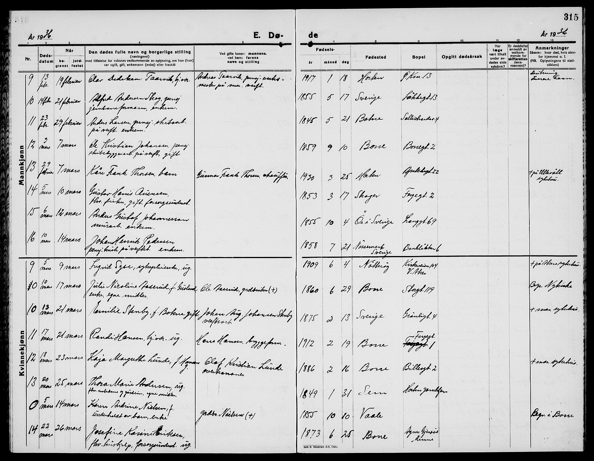 Horten kirkebøker, AV/SAKO-A-348/G/Ga/L0009: Parish register (copy) no. 9, 1926-1936, p. 315