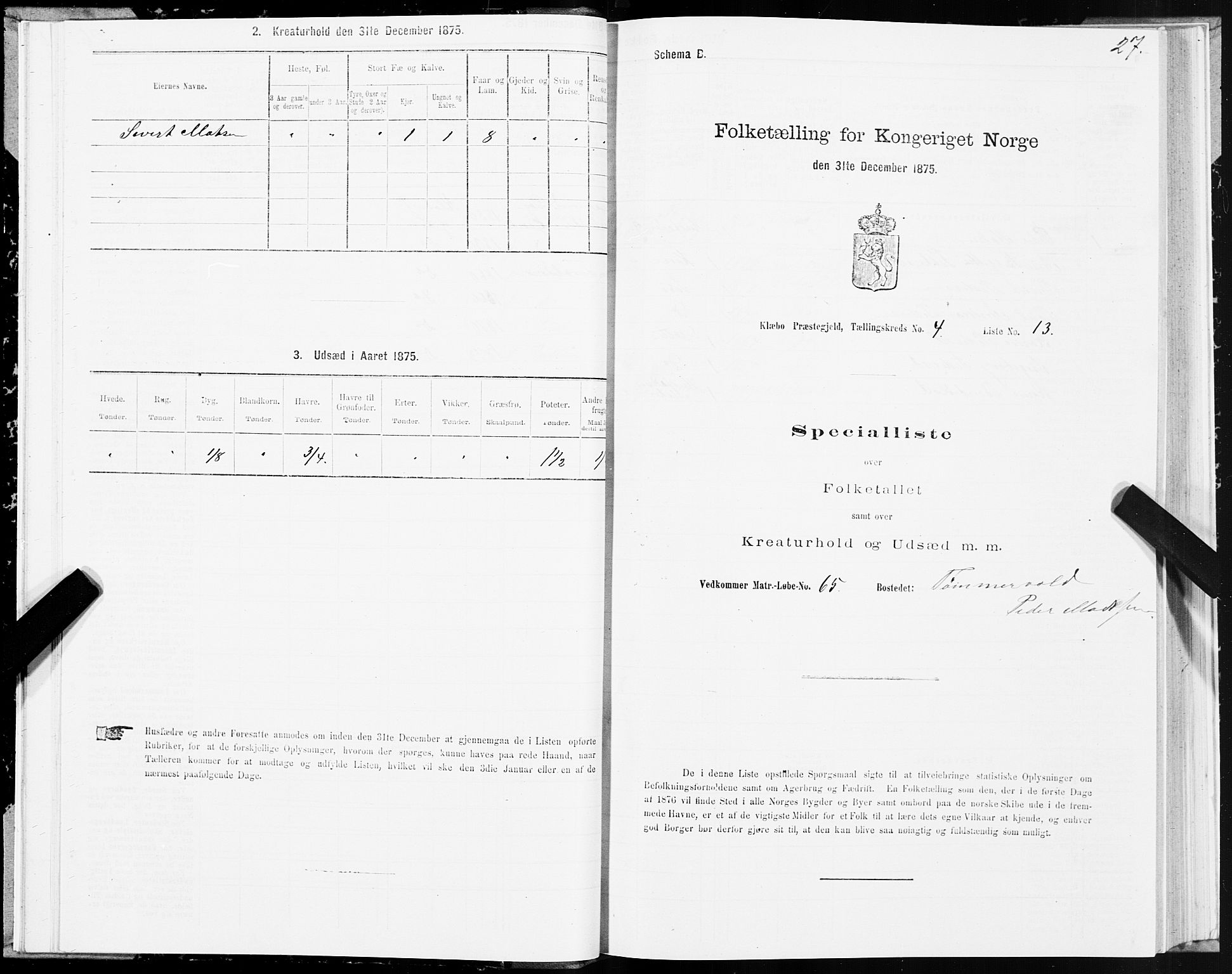 SAT, 1875 census for 1662P Klæbu, 1875, p. 2027