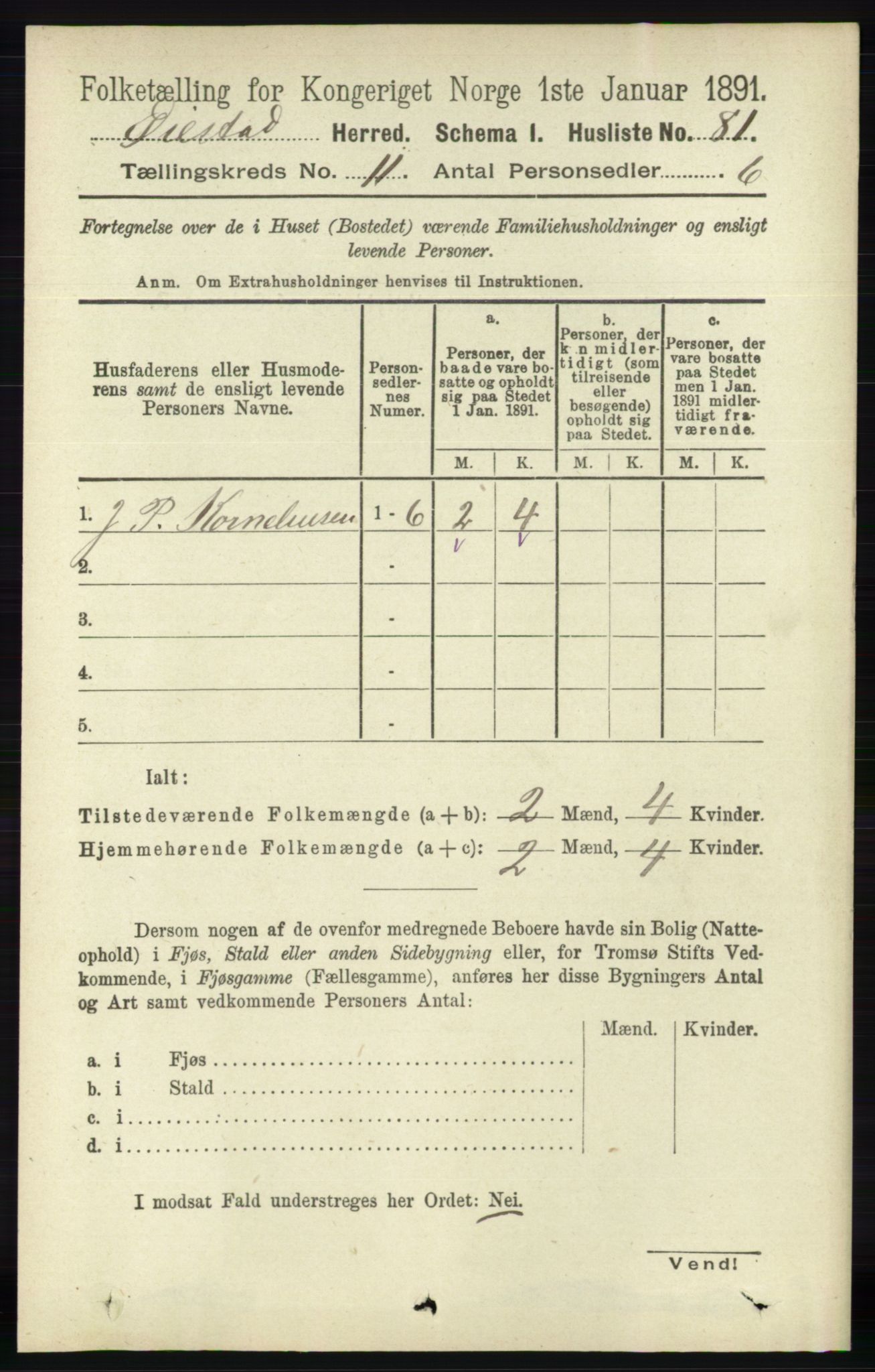 RA, 1891 census for 0920 Øyestad, 1891, p. 4809