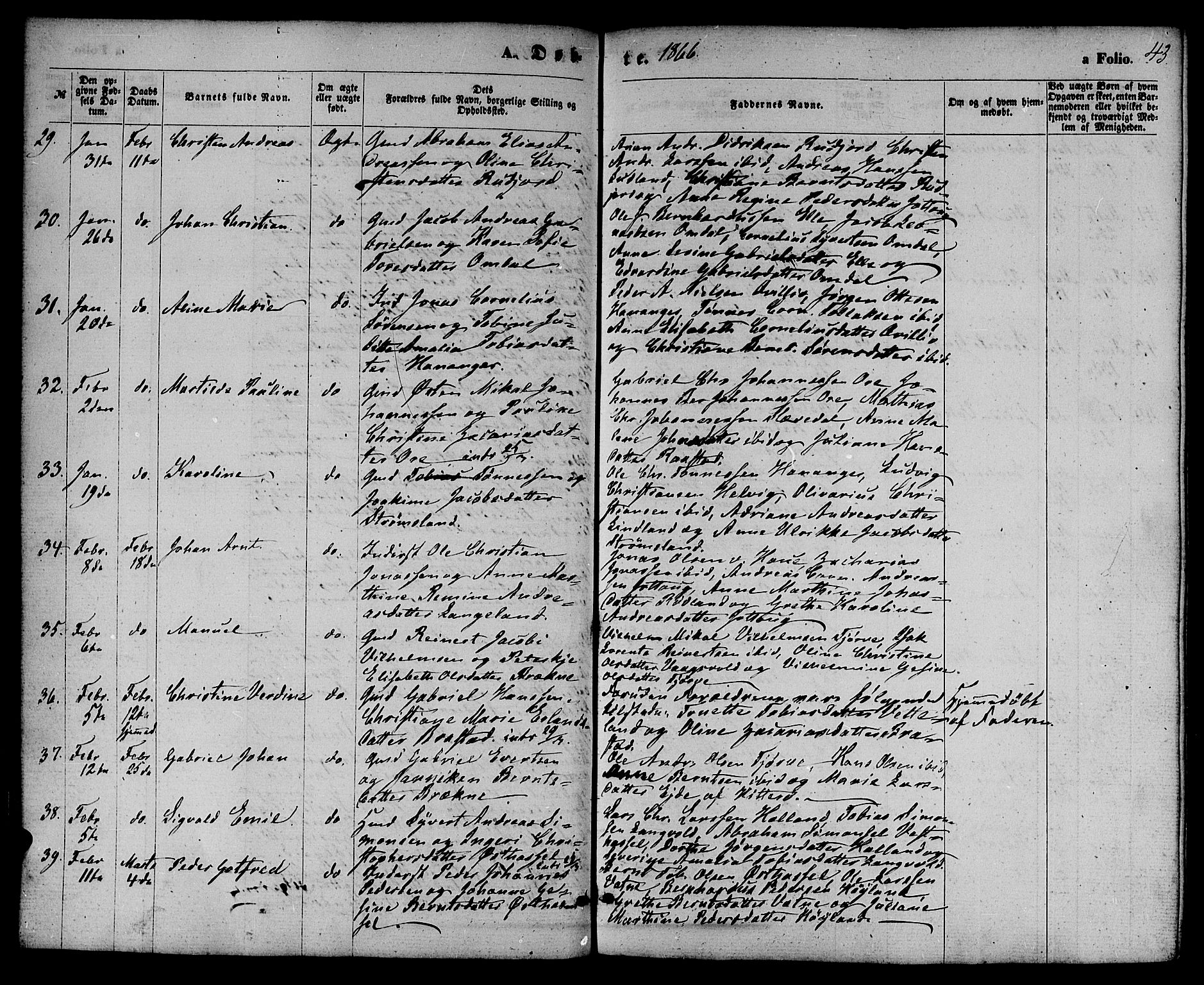 Lista sokneprestkontor, AV/SAK-1111-0027/F/Fb/L0003: Parish register (copy) no. B 3, 1862-1877, p. 43