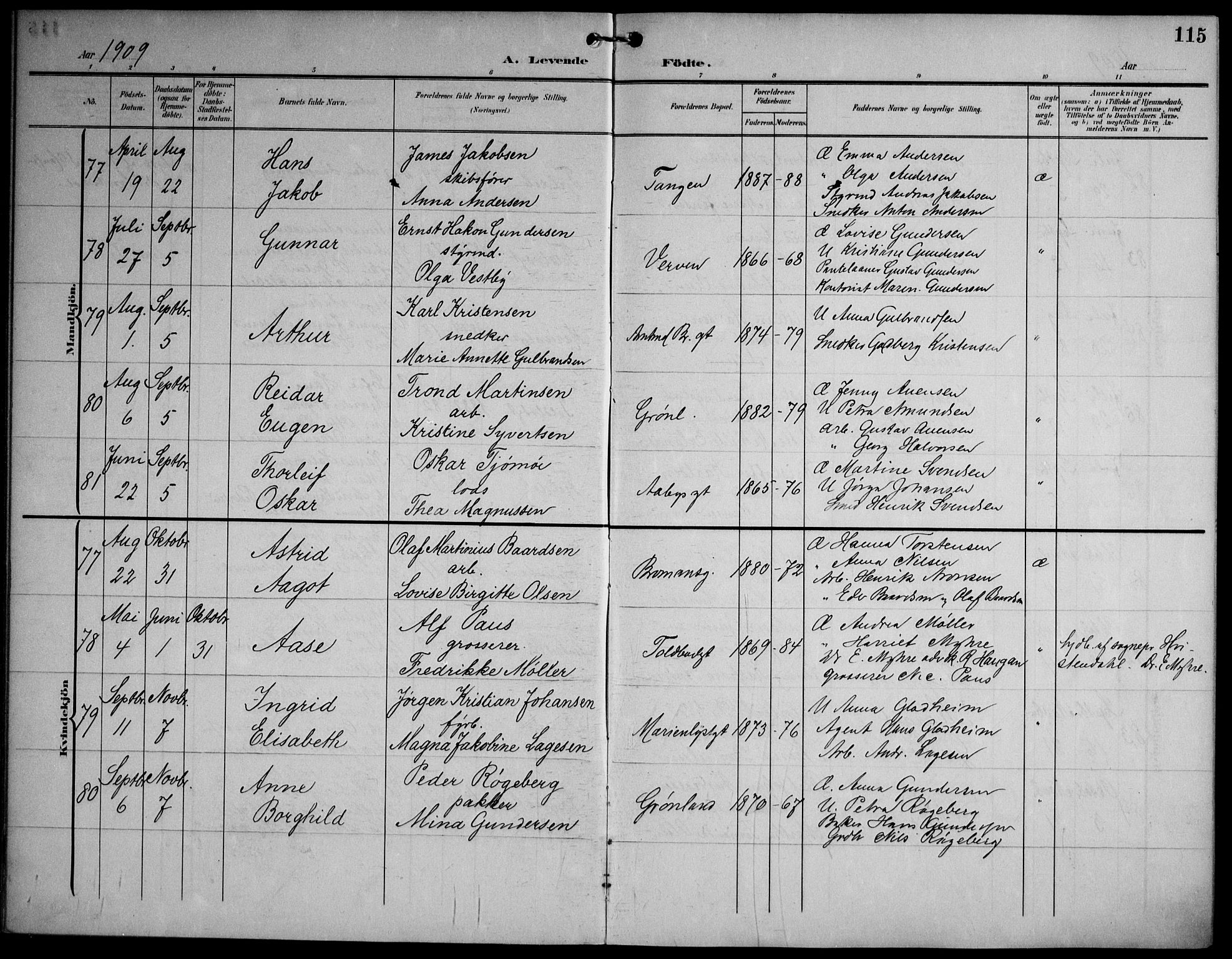 Strømsø kirkebøker, AV/SAKO-A-246/F/Fa/L0026: Parish register (official) no. I 26, 1905-1914, p. 115