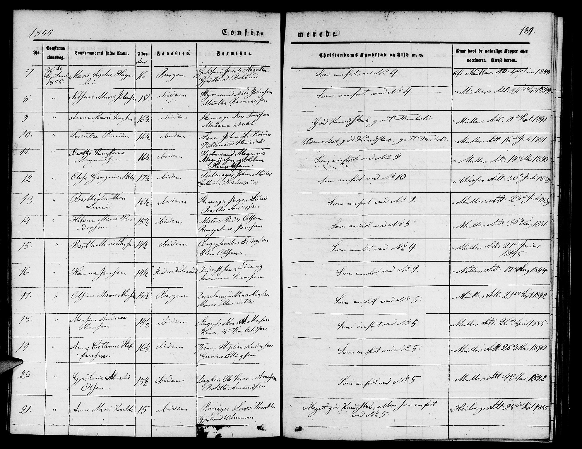 Nykirken Sokneprestembete, SAB/A-77101/H/Hab: Parish register (copy) no. C 1, 1844-1871, p. 189