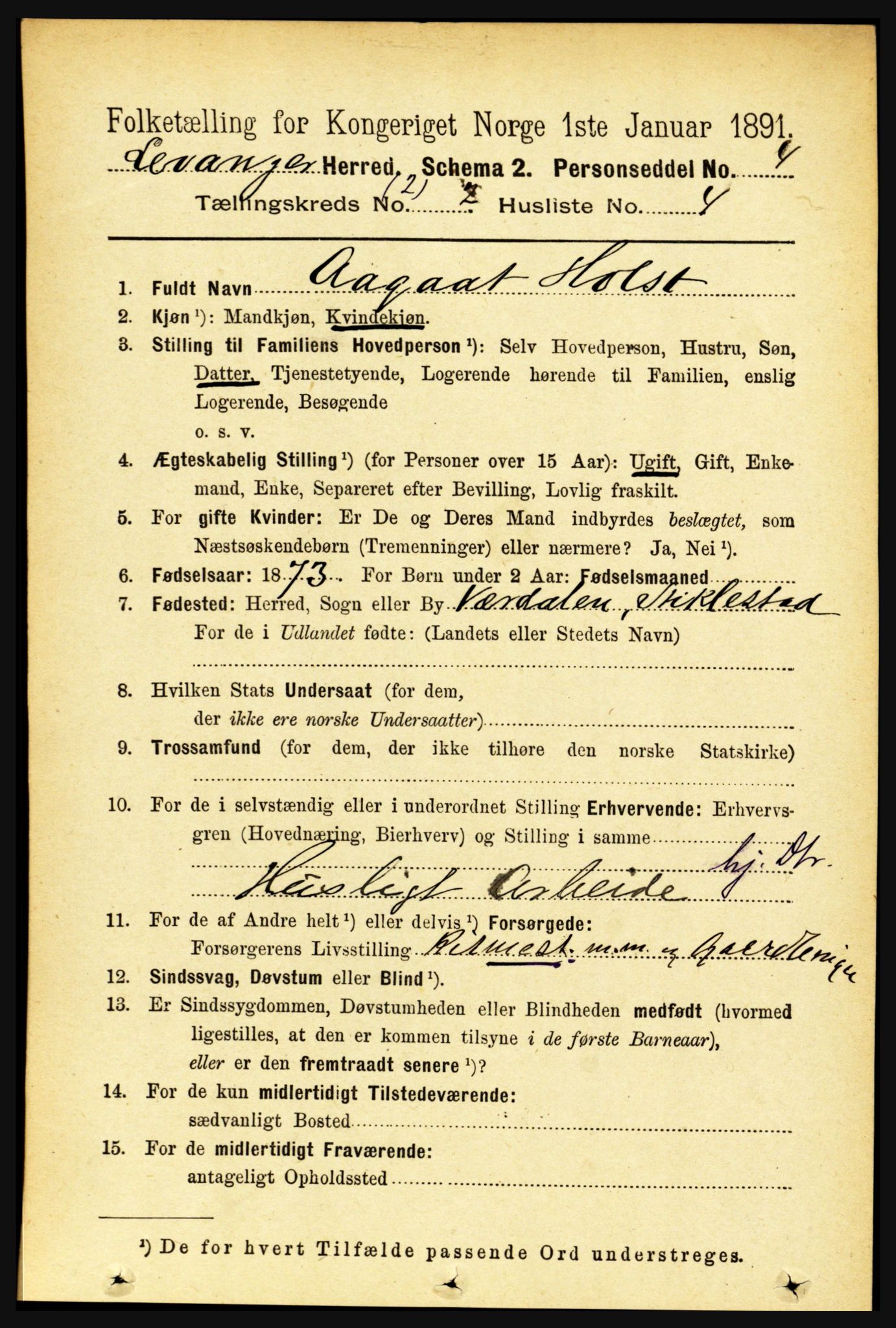 RA, 1891 census for 1720 Levanger, 1891, p. 887