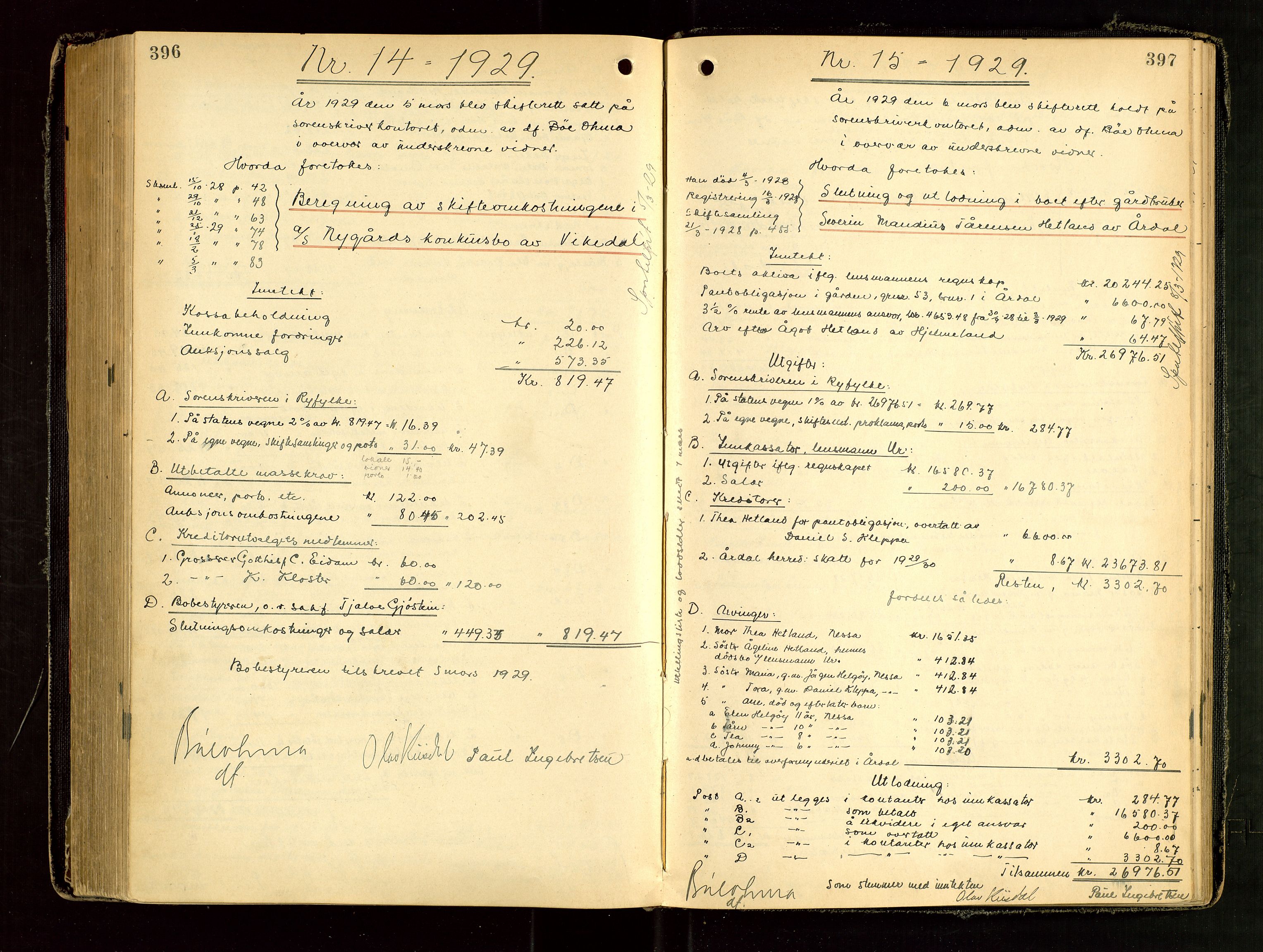 Ryfylke tingrett, AV/SAST-A-100055/001/IV/IVG/L0006: Skifteutlodningsprotokoll Med register, 1924-1929, p. 396-397