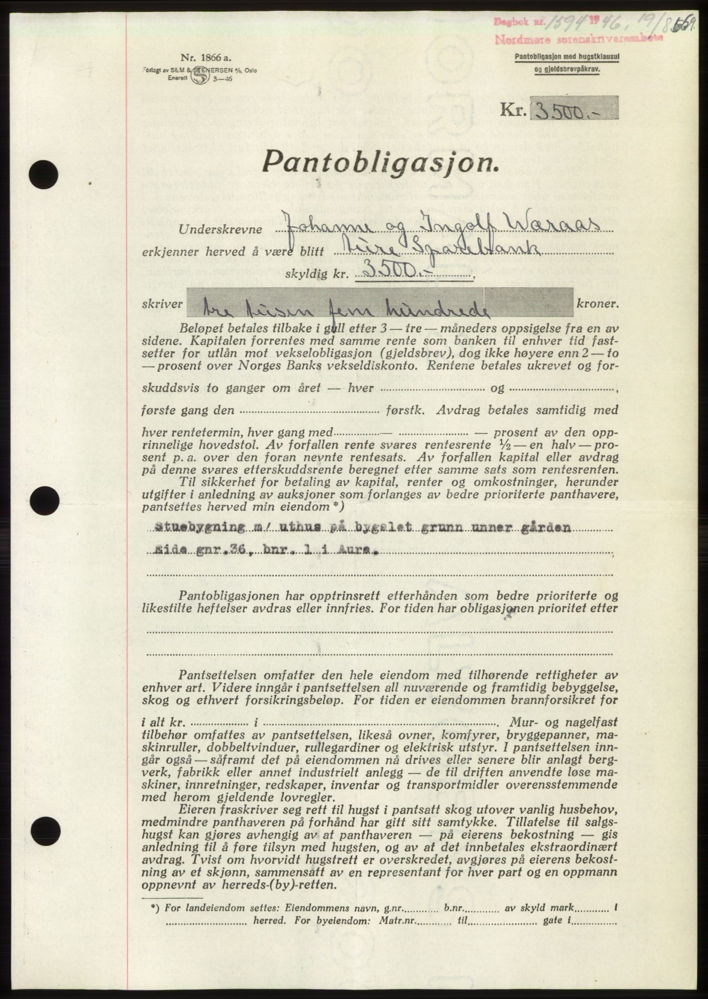 Nordmøre sorenskriveri, AV/SAT-A-4132/1/2/2Ca: Mortgage book no. B94, 1946-1946, Diary no: : 1594/1946