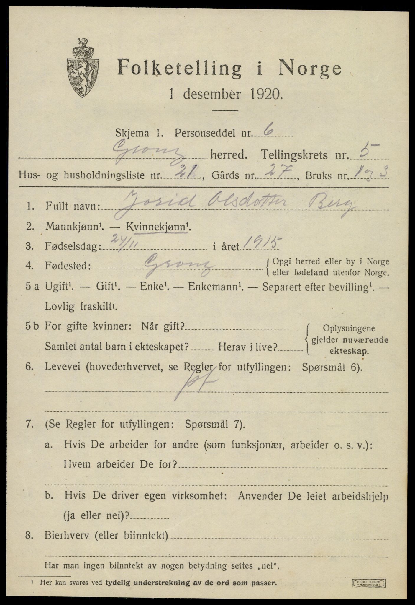 SAT, 1920 census for Grong, 1920, p. 3545