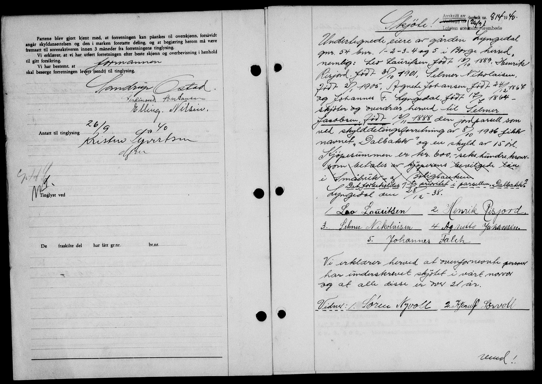 Lofoten sorenskriveri, SAT/A-0017/1/2/2C/L0007a: Mortgage book no. 7a, 1939-1940, Diary no: : 814/1940
