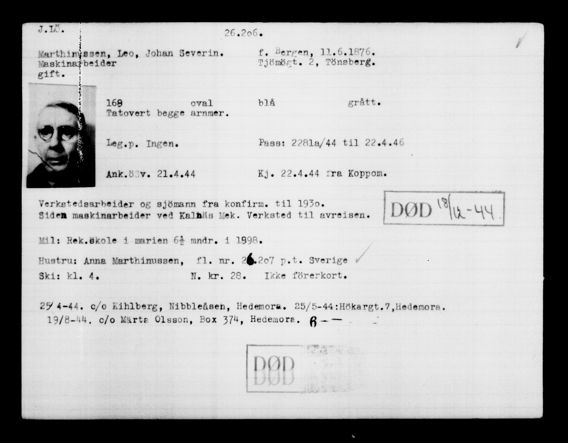Utenriksstasjonene, Legasjonen i Stockholm, Flyktningkontoret, AV/RA-S-6753/V/Va/L0011: Kjesäterkartoteket, flyktninger med registreringsnr. 25300-28349, 1940-1945, p. 957