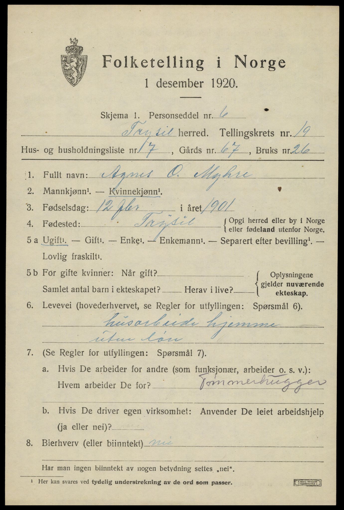 SAH, 1920 census for Trysil, 1920, p. 12803