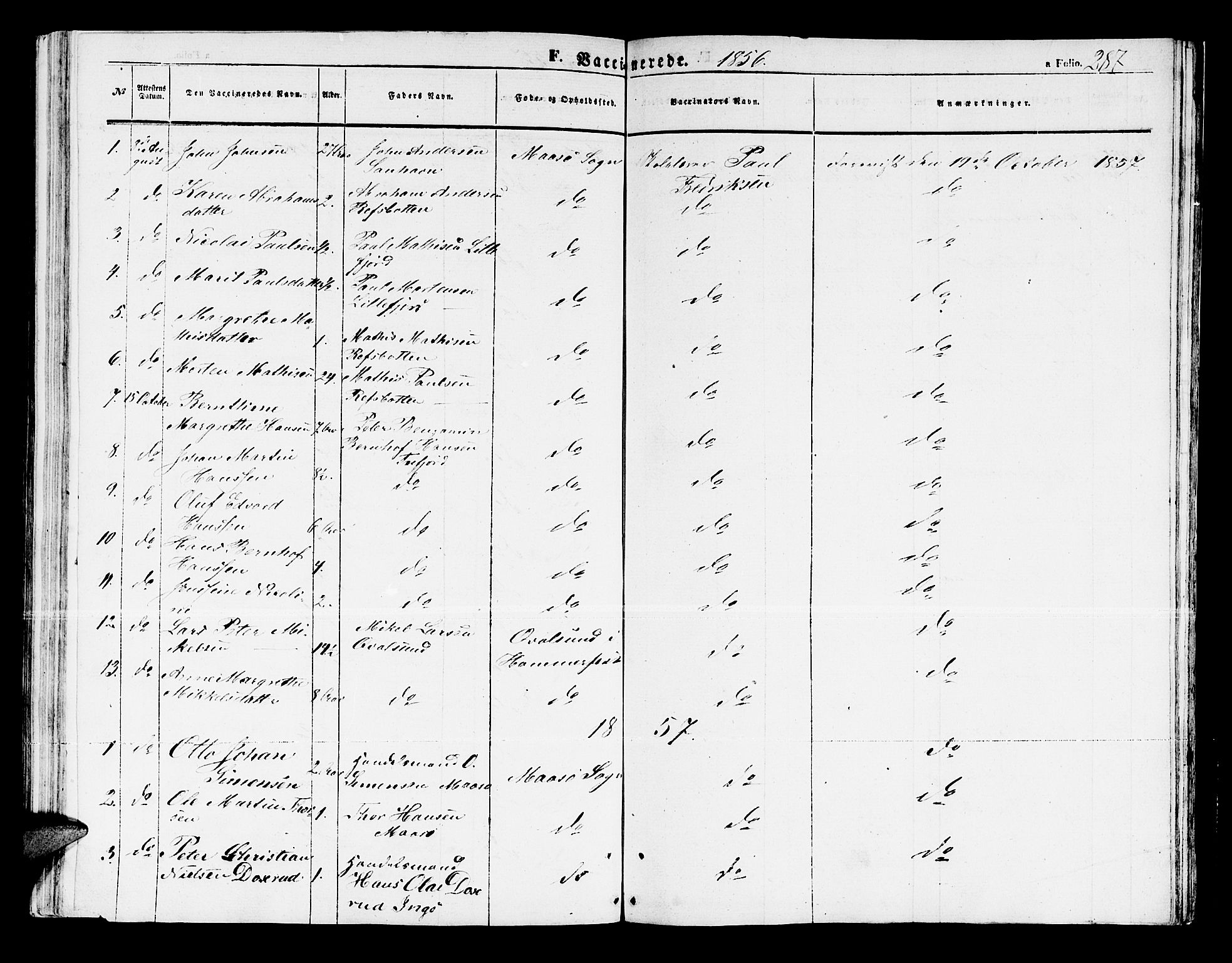 Måsøy sokneprestkontor, SATØ/S-1348/H/Hb/L0001klokker: Parish register (copy) no. 1, 1852-1877, p. 287
