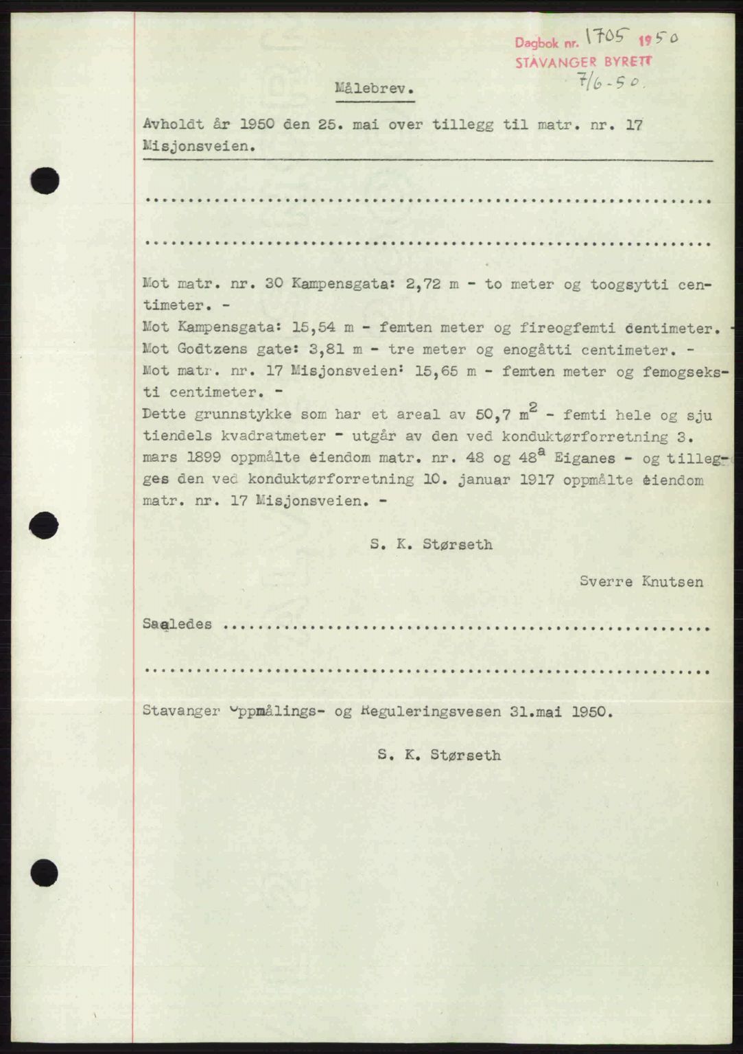 Stavanger byrett, SAST/A-100455/002/G/Gb/L0024: Mortgage book no. A13, 1949-1950, Diary no: : 1705/1950