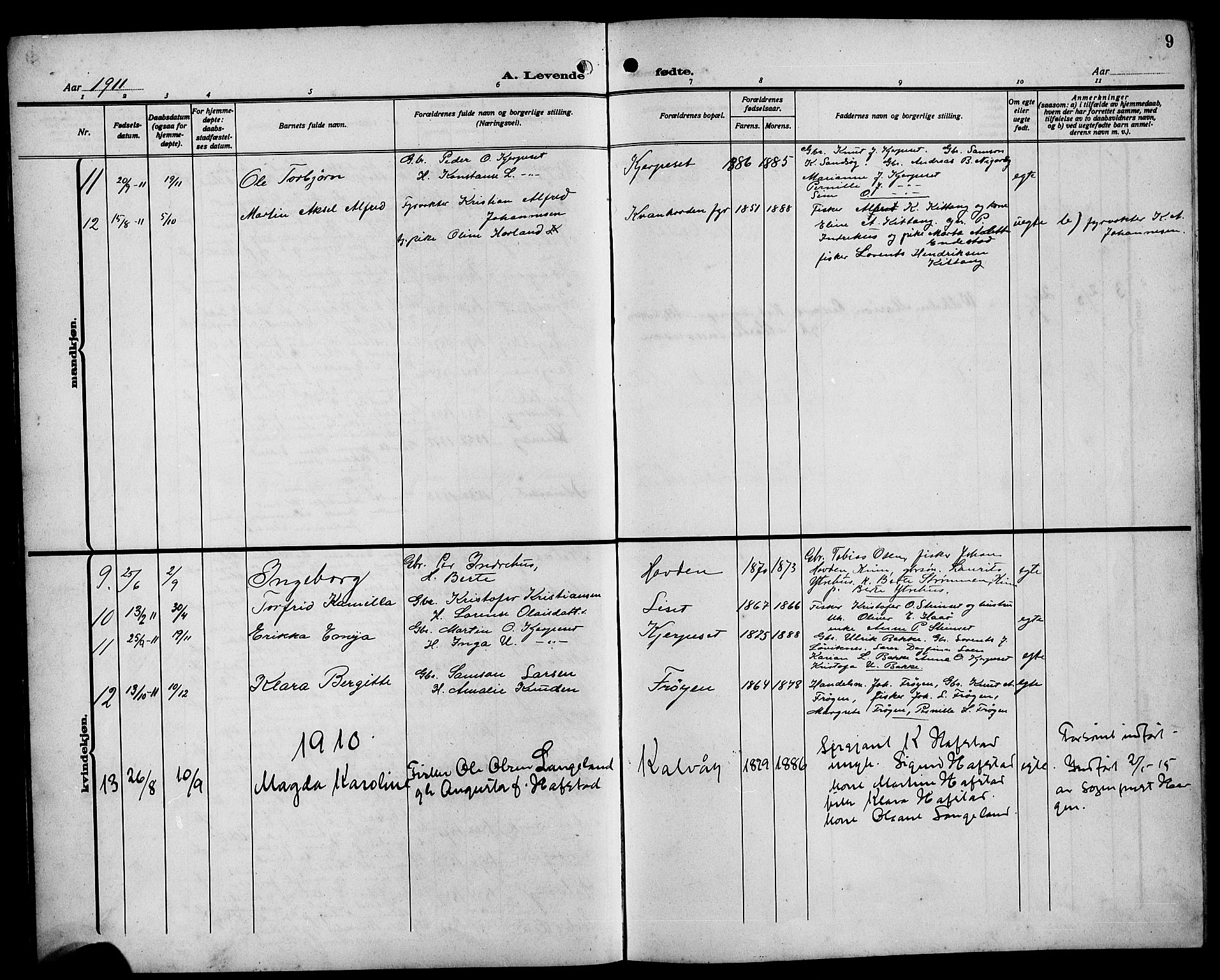 Bremanger sokneprestembete, AV/SAB-A-82201/H/Hab/Habb/L0001: Parish register (copy) no. B 1, 1906-1925, p. 9