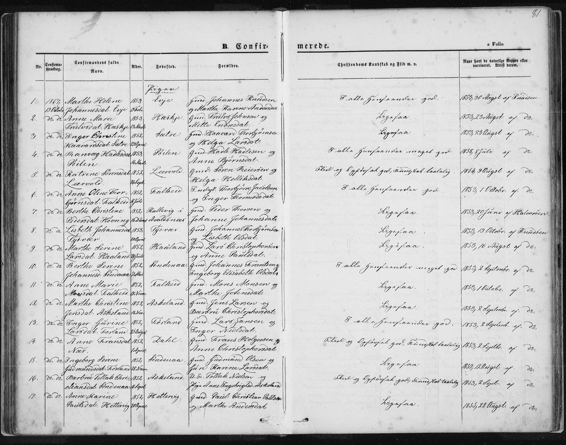 Tysvær sokneprestkontor, AV/SAST-A -101864/H/Ha/Haa/L0005: Parish register (official) no. A 5, 1865-1878, p. 81