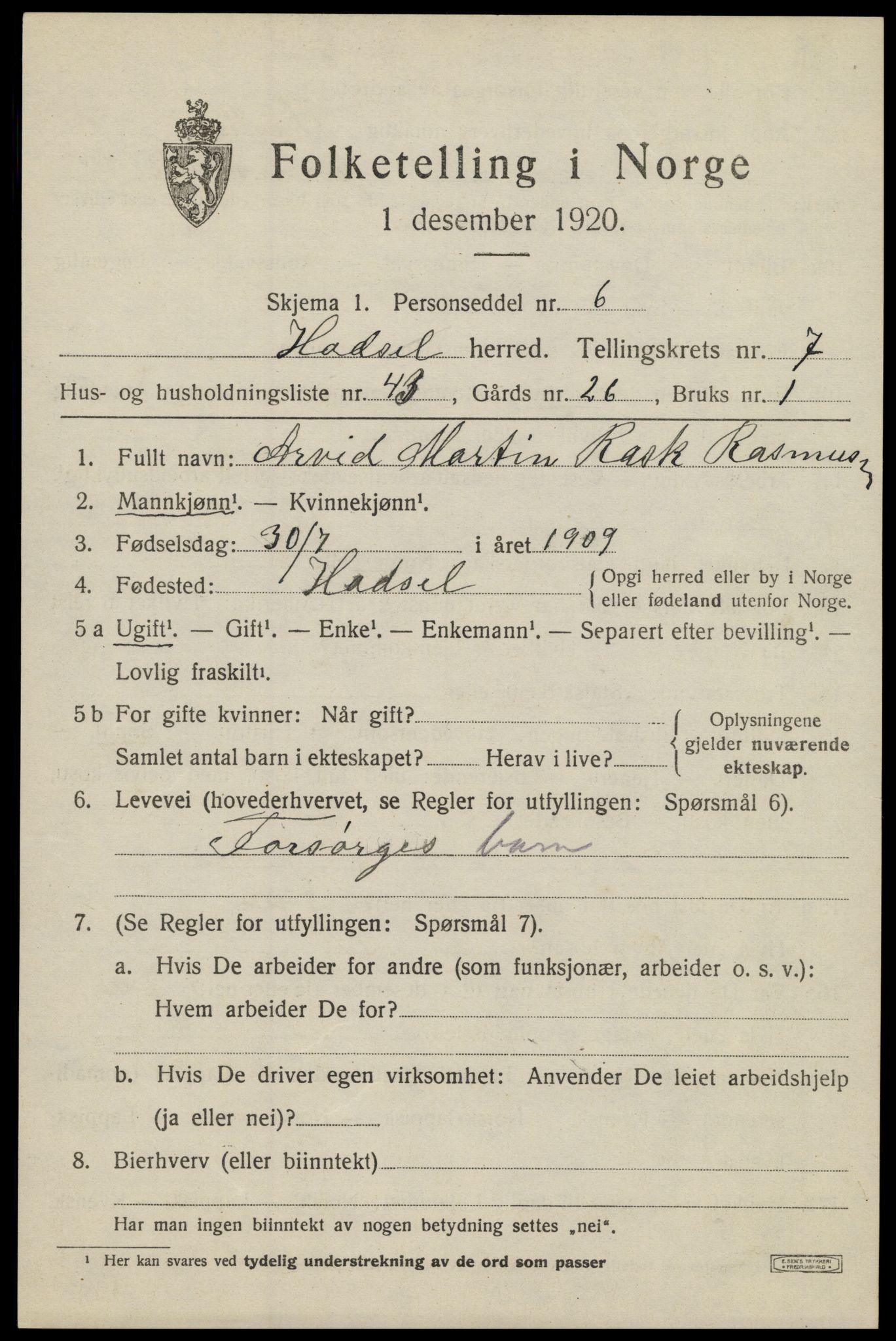 SAT, 1920 census for Hadsel, 1920, p. 7390