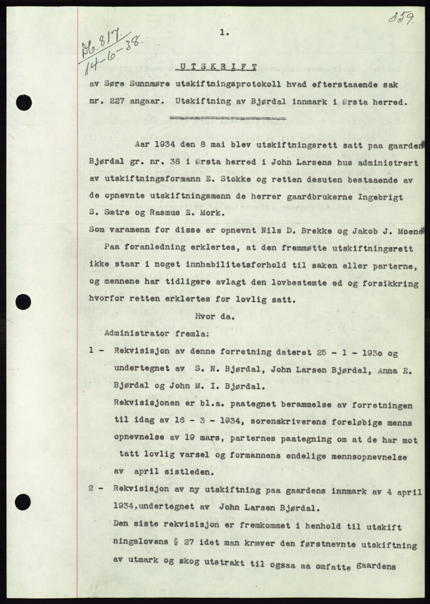 Søre Sunnmøre sorenskriveri, AV/SAT-A-4122/1/2/2C/L0065: Mortgage book no. 59, 1938-1938, Diary no: : 817/1938