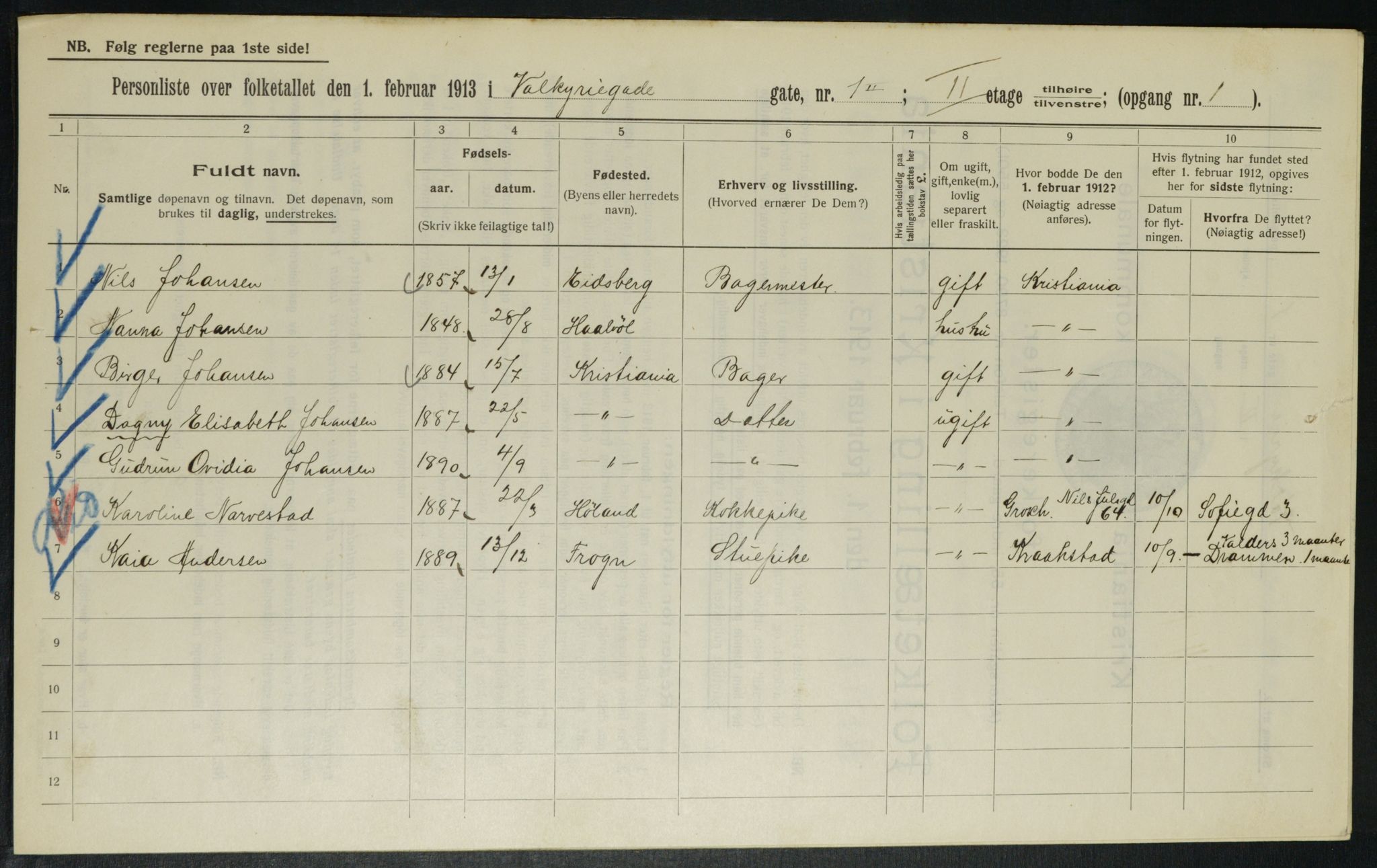 OBA, Municipal Census 1913 for Kristiania, 1913, p. 121516