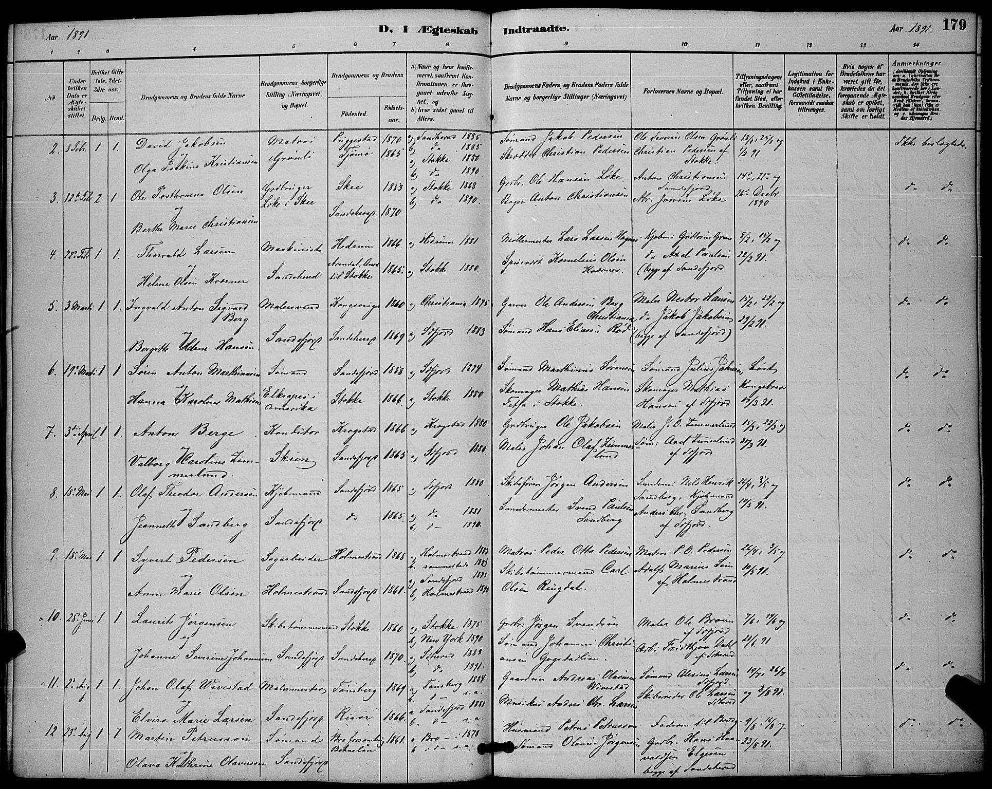 Sandefjord kirkebøker, AV/SAKO-A-315/G/Ga/L0001: Parish register (copy) no. 1, 1885-1903, p. 179