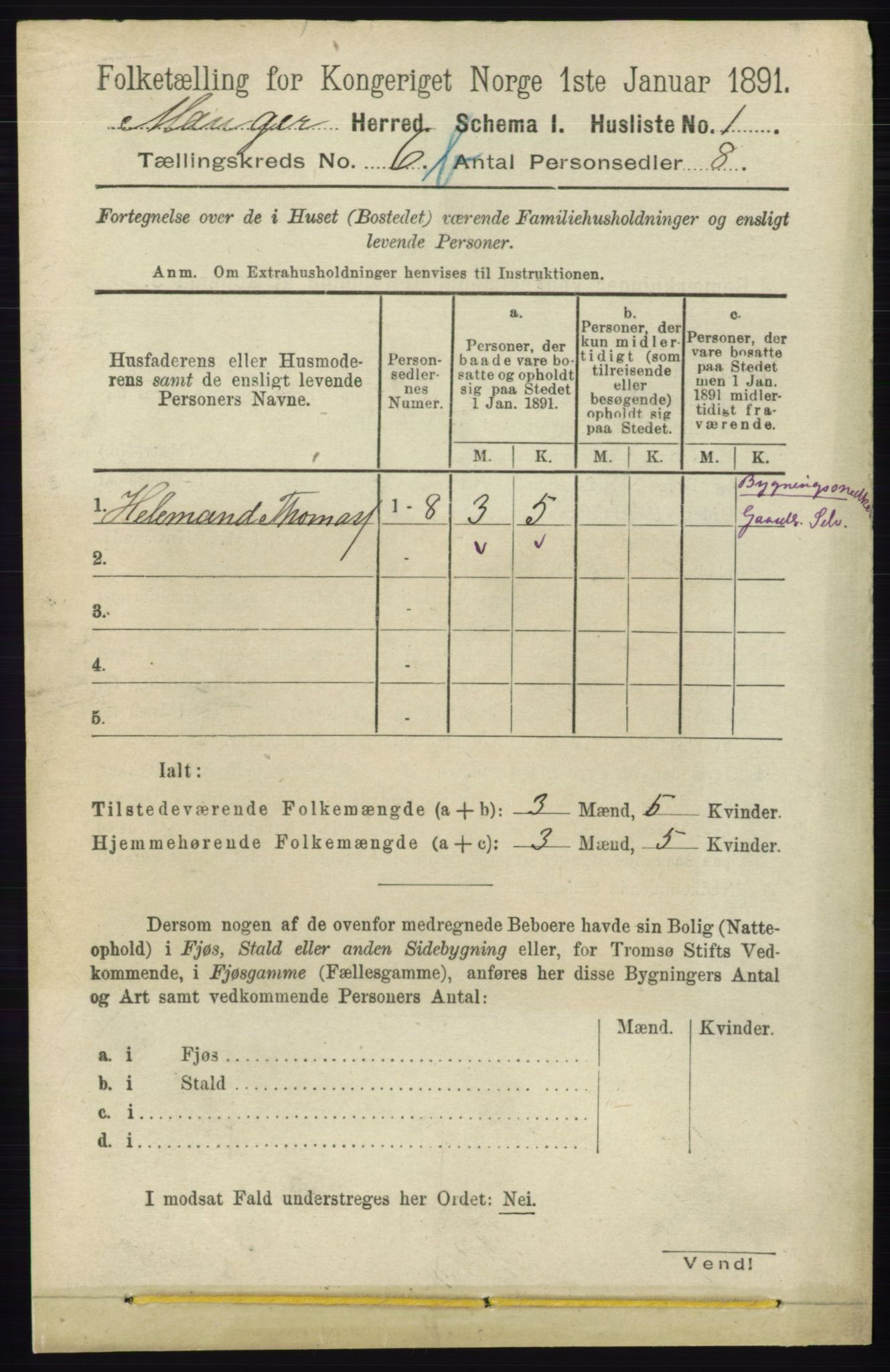 RA, 1891 census for 1261 Manger, 1891, p. 3945