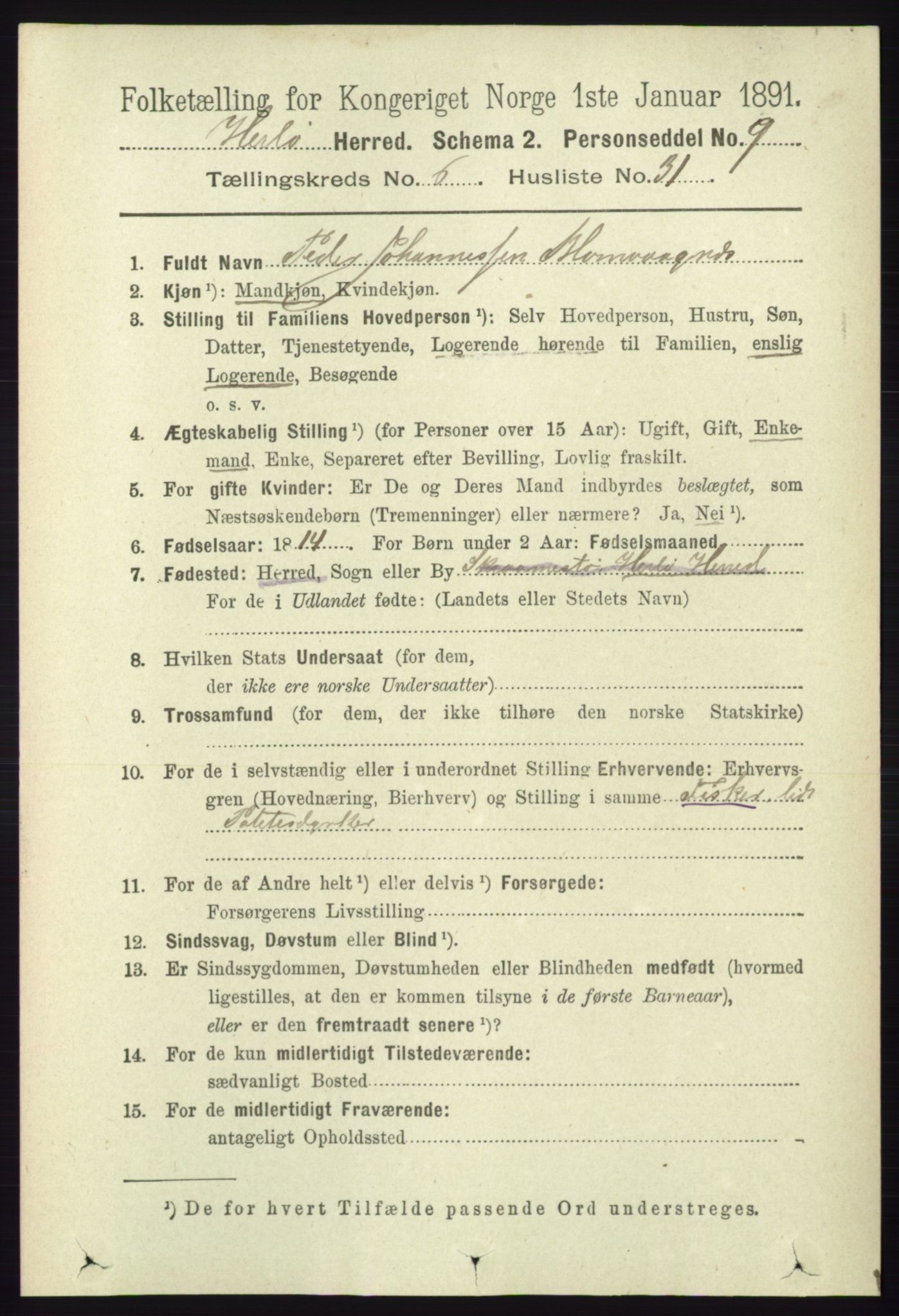 RA, 1891 census for 1258 Herdla, 1891, p. 2843