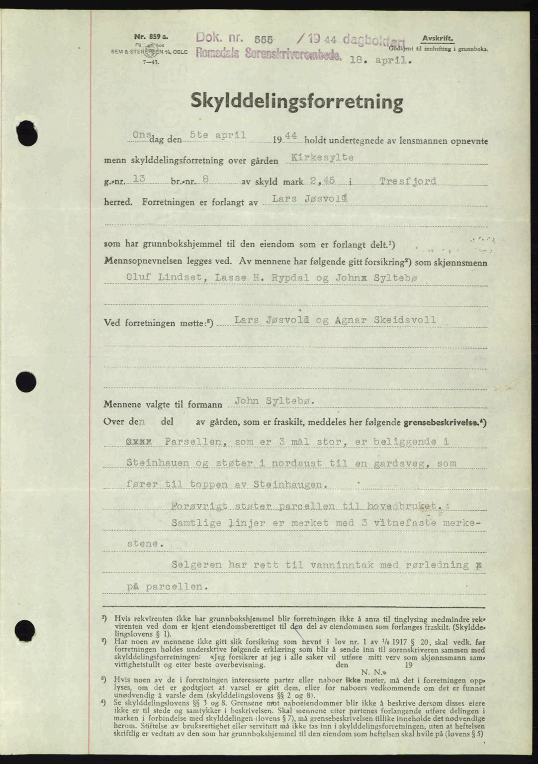 Romsdal sorenskriveri, AV/SAT-A-4149/1/2/2C: Mortgage book no. A16, 1944-1944, Diary no: : 555/1944