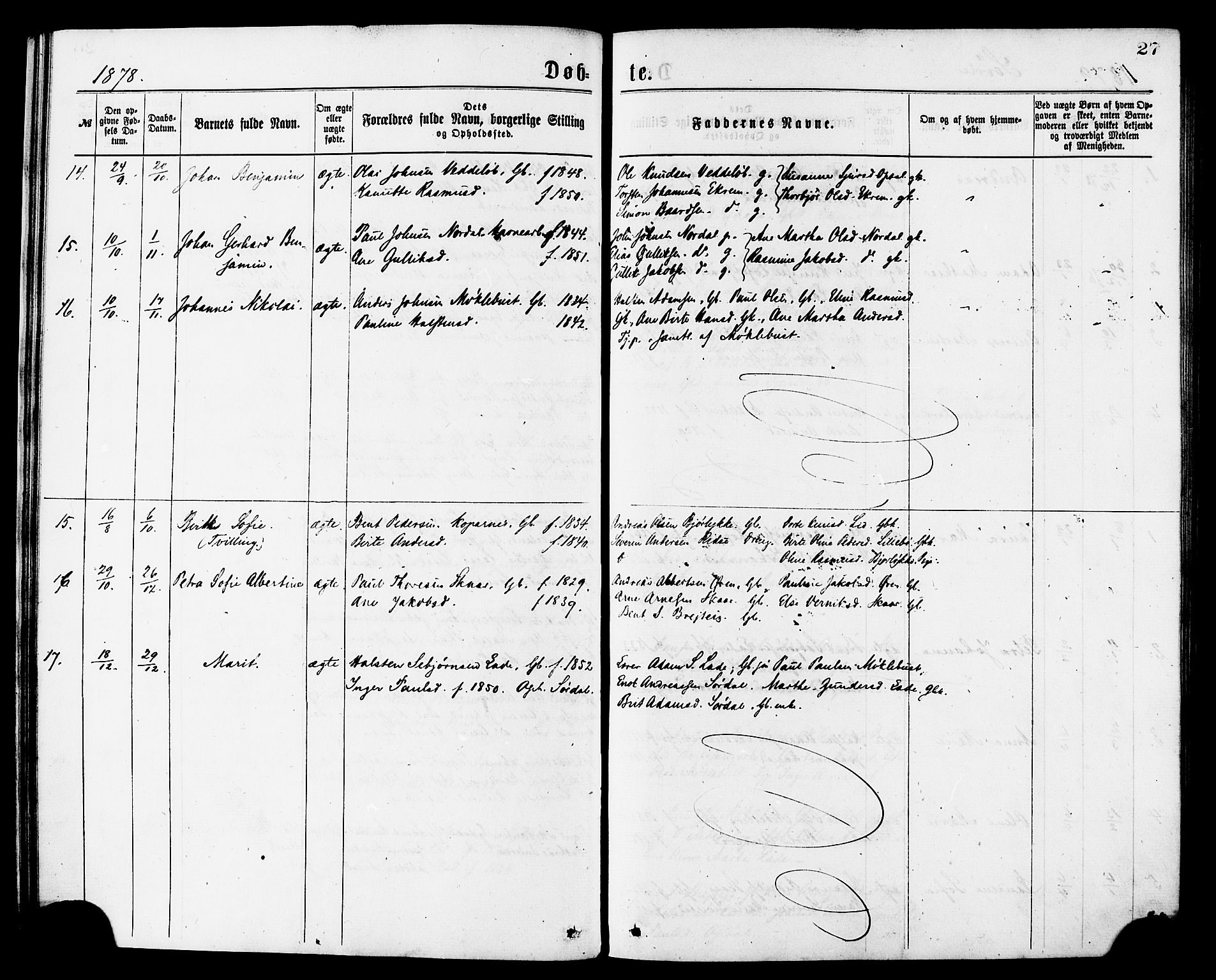 Ministerialprotokoller, klokkerbøker og fødselsregistre - Møre og Romsdal, SAT/A-1454/502/L0024: Parish register (official) no. 502A02, 1873-1884, p. 27