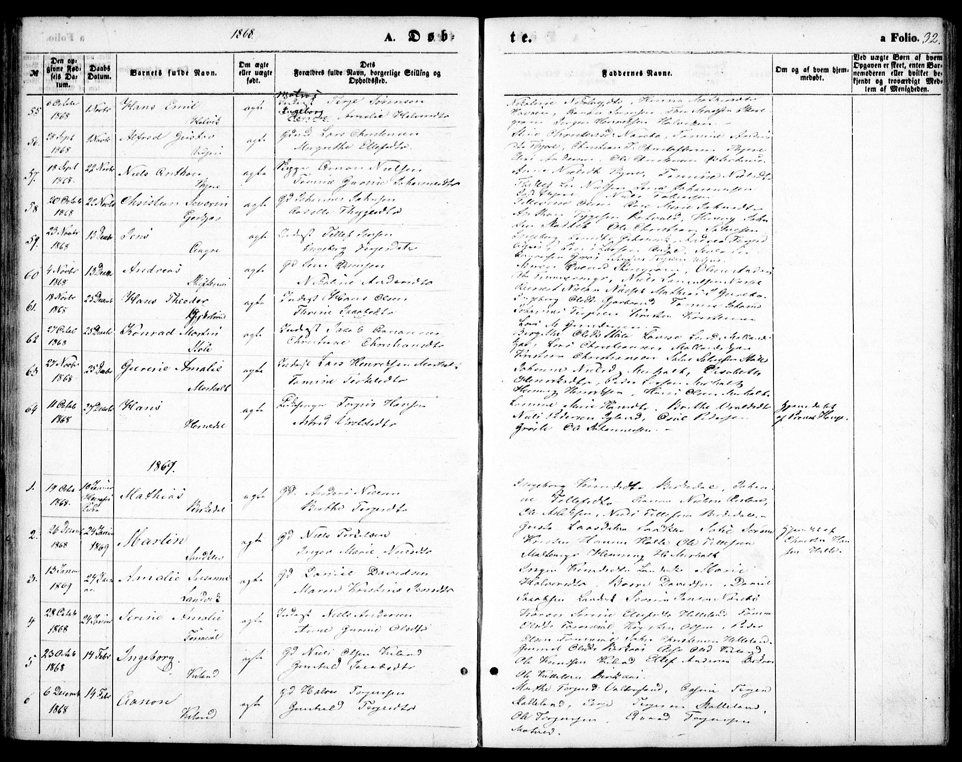 Hommedal sokneprestkontor, AV/SAK-1111-0023/F/Fa/Fab/L0005: Parish register (official) no. A 5, 1861-1877, p. 32