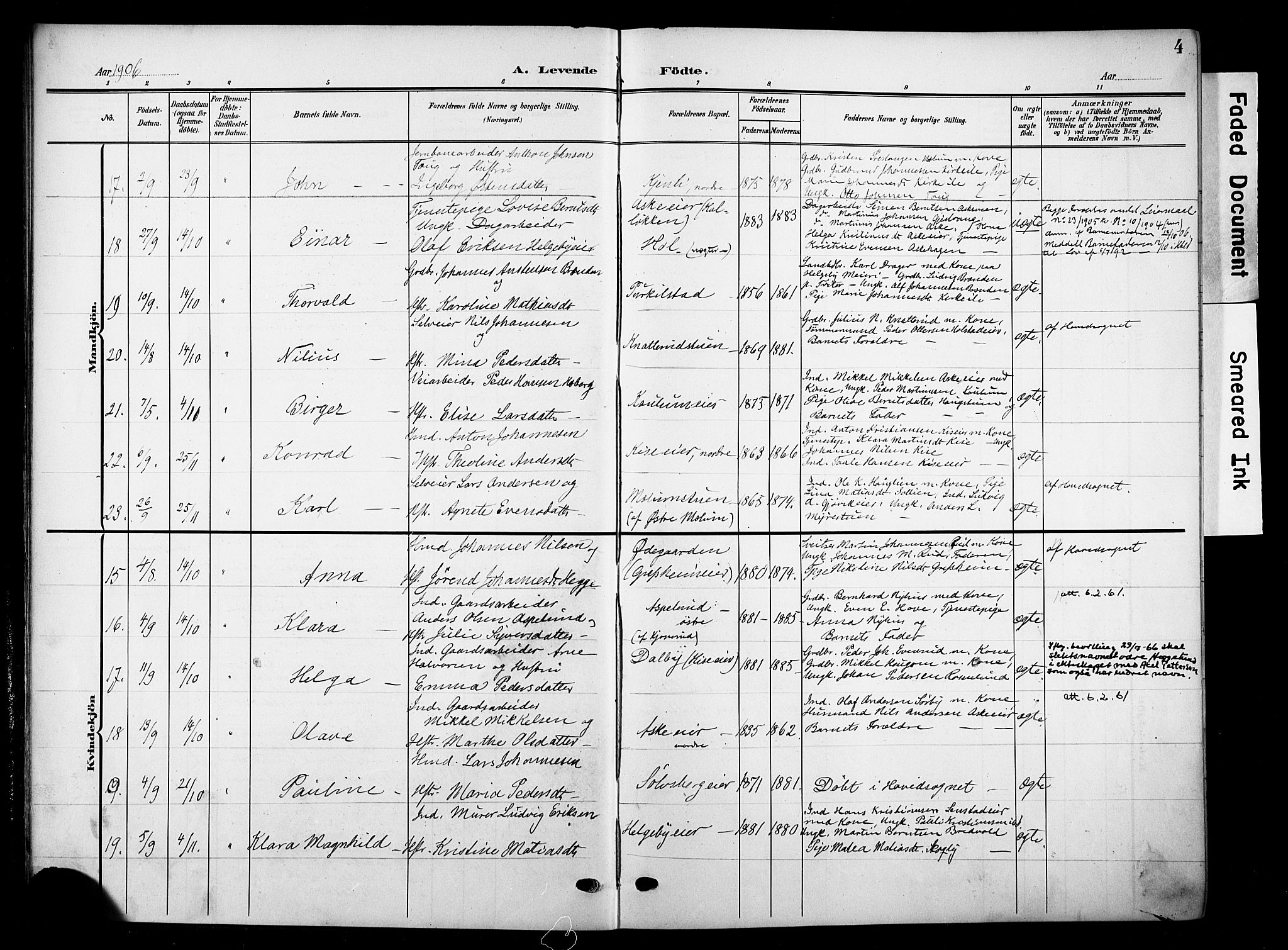 Nes prestekontor, Hedmark, SAH/PREST-020/K/Ka/L0013: Parish register (official) no. 13, 1906-1924, p. 4