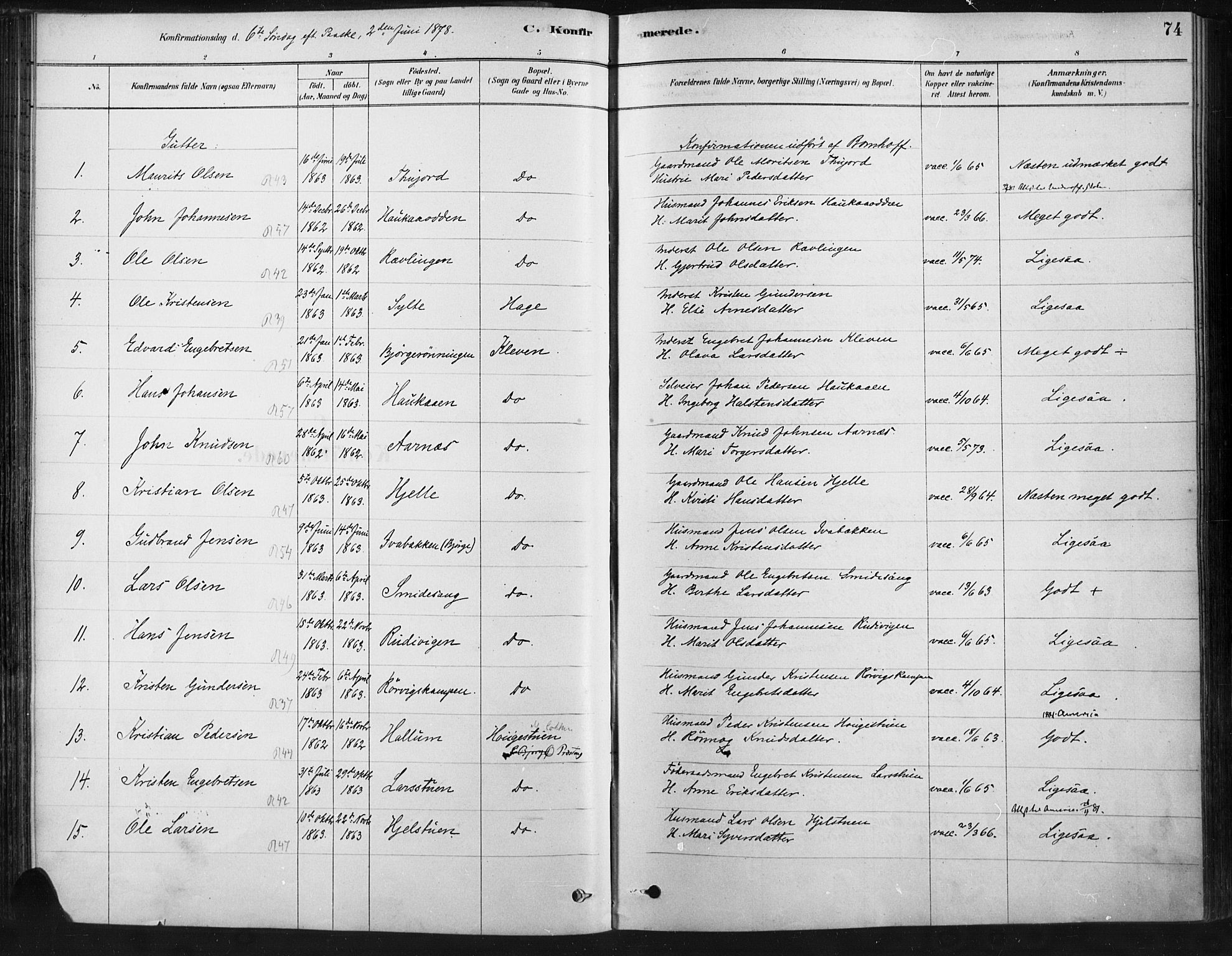 Ringebu prestekontor, SAH/PREST-082/H/Ha/Haa/L0009: Parish register (official) no. 9, 1878-1898, p. 74