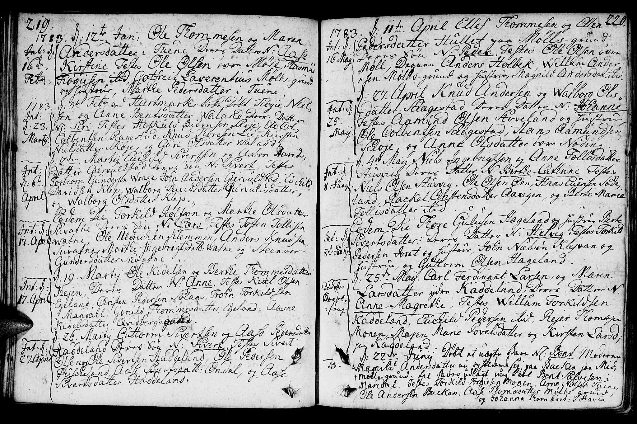 Holum sokneprestkontor, AV/SAK-1111-0022/F/Fa/Faa/L0003: Parish register (official) no. A 3, 1780-1821, p. 219-220