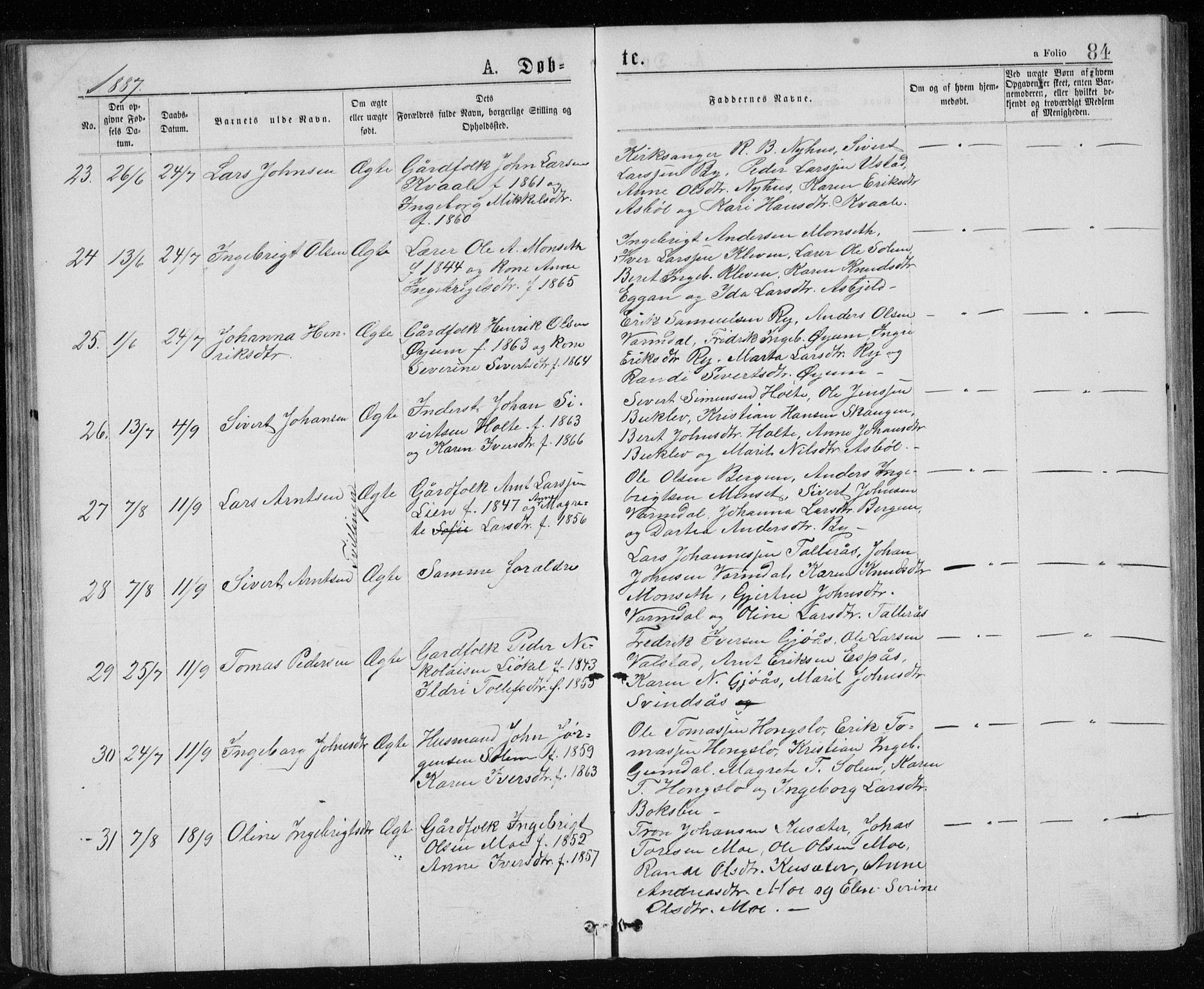 Ministerialprotokoller, klokkerbøker og fødselsregistre - Sør-Trøndelag, AV/SAT-A-1456/671/L0843: Parish register (copy) no. 671C02, 1873-1892, p. 84