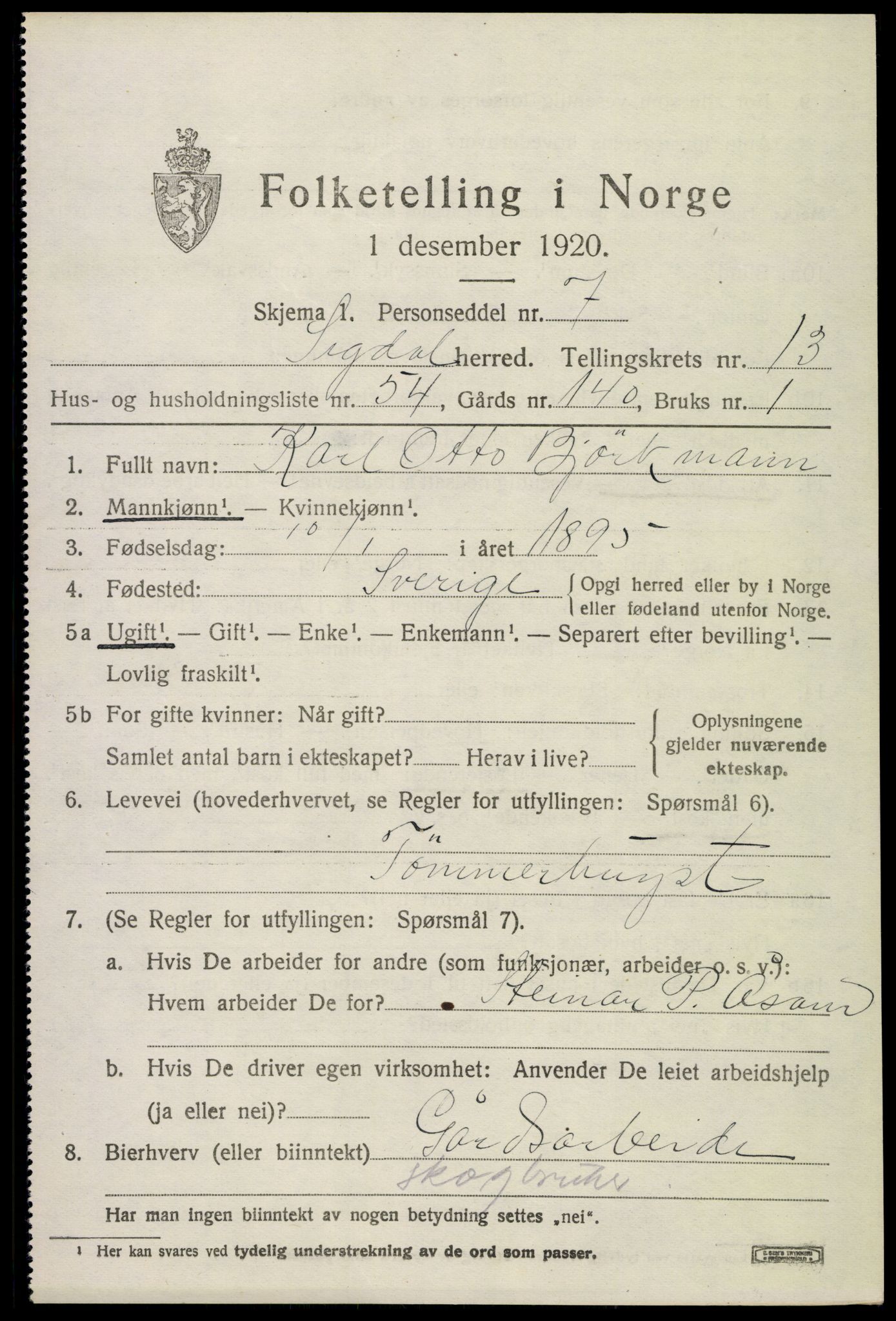 SAKO, 1920 census for Sigdal, 1920, p. 8630